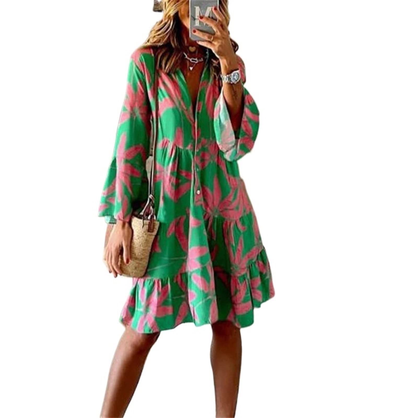 NANAKI Ruffle Flared Sleeves Dress for Women Crew Neck Casual Hawaiian Beach Floral Print Mini Shirt Dresses