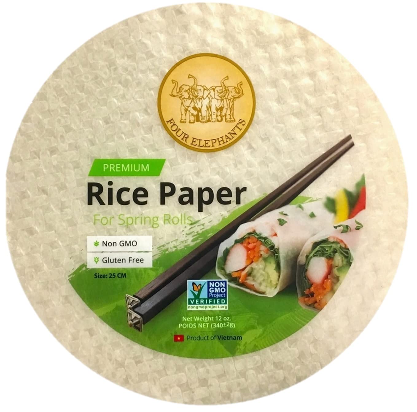 Four Elephants Premium Extra Large Spring Roll Rice Paper Round Wrappers 12 oz Non-GMO Verified 25 CM (1)