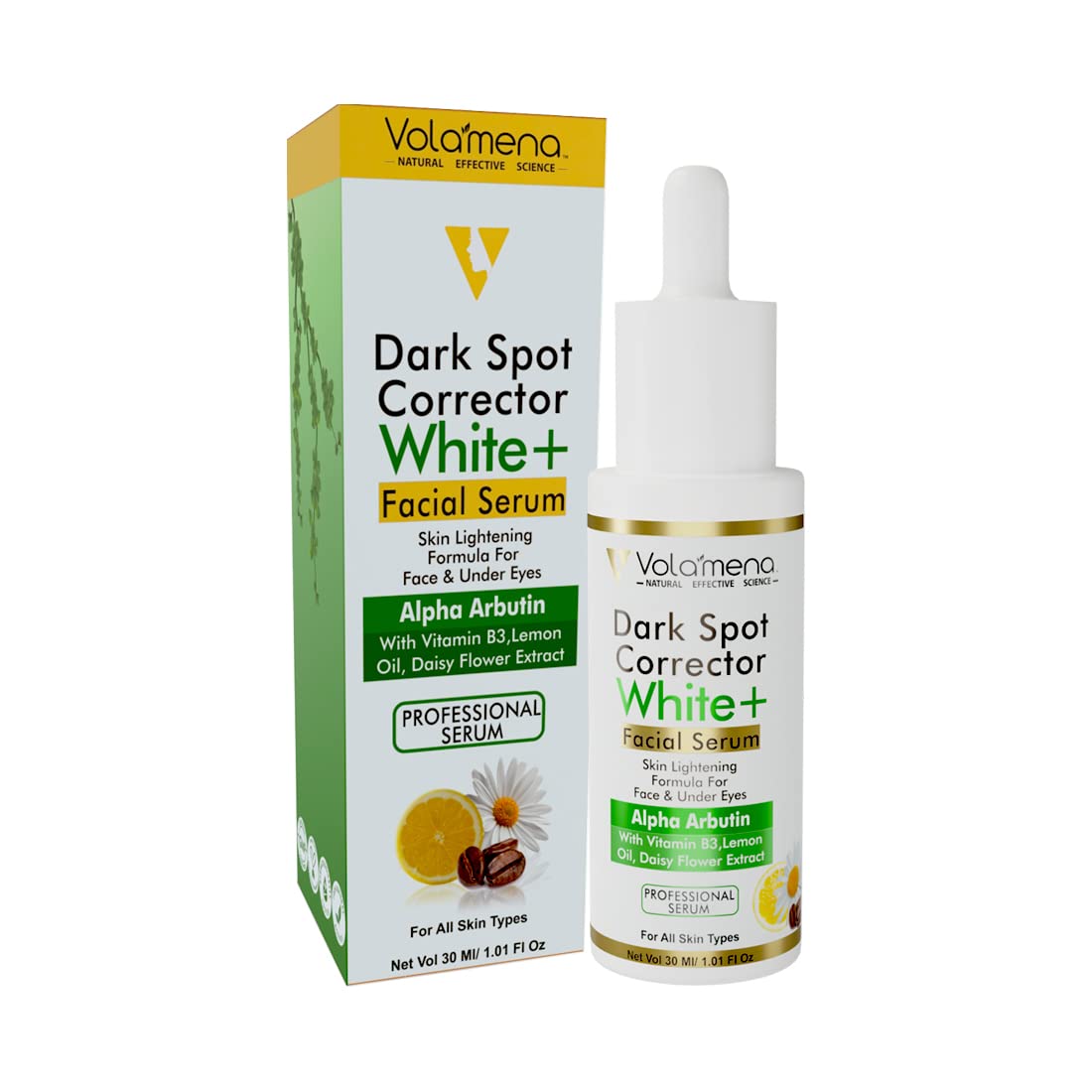 Volamena Dark Spot Corrector White Facial Serum with Alpha Arbutin Vitamin B3 and Lemon Oil; 30 ml/1.01 fl oz