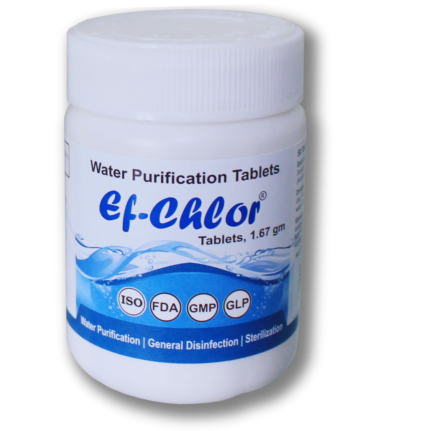 Ef-Chlor | Water Purification Treatment (1.67 gm - 50 Tablets) - Portable Drinking Water Treatment Ideal for Swimming Pools, Water Tanks, Travel and Camping, Purifies 132 Gallons in 1 Tablet