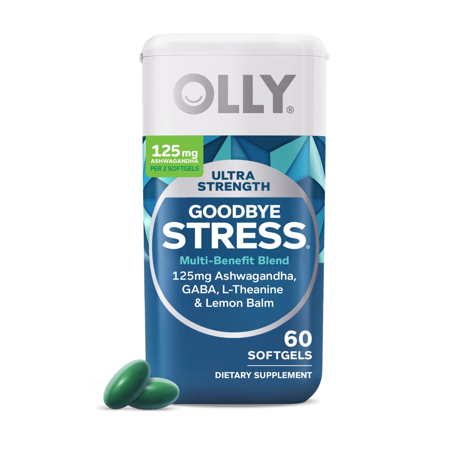 OLLY Ultra Strength Goodbye Stress Softgels, GABA, Ashwagandha, L-Theanine and Lemon Balm, Stress Relief Supplement - 60 Count (Packaging May Vary)