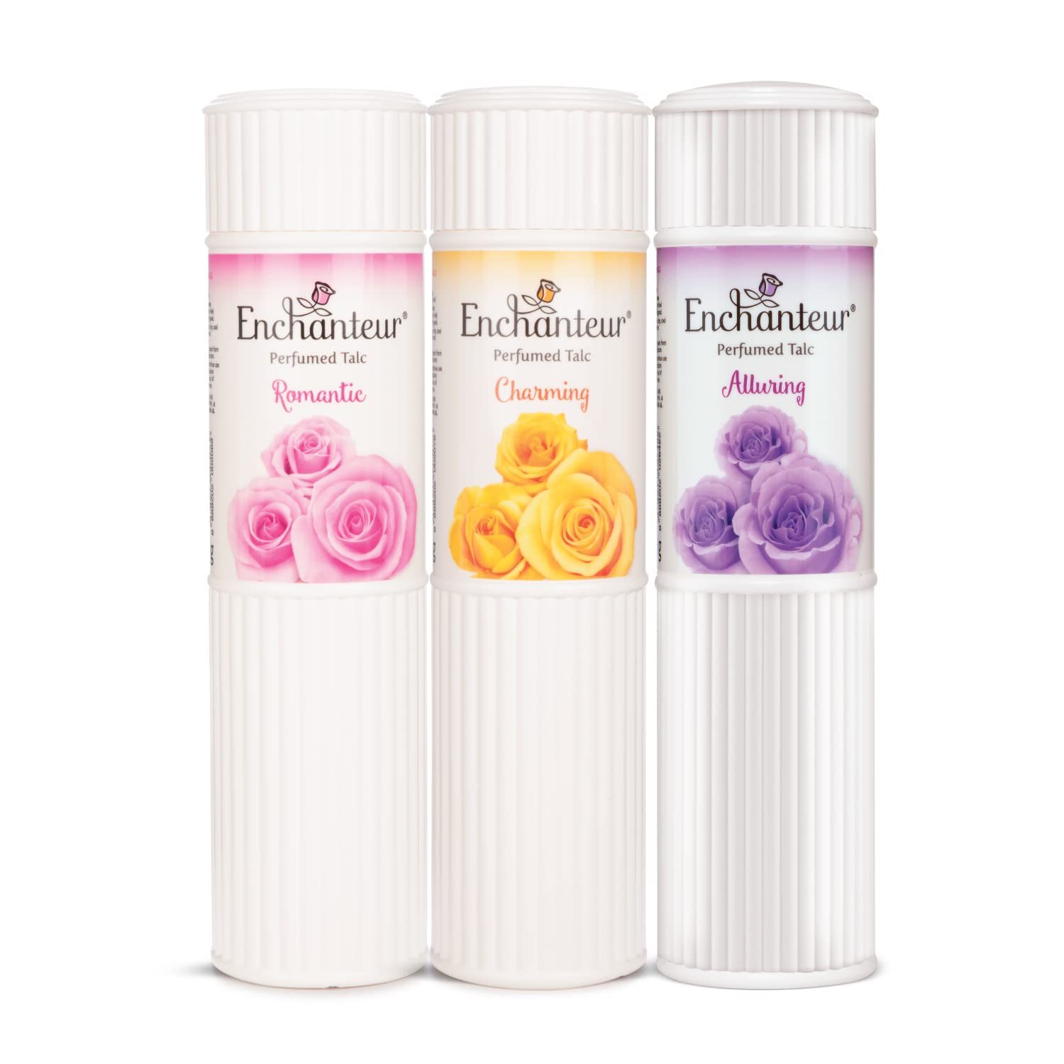 Enchanteur Romantic Perfumed Talc for Women, 250g with Roses & Jasmine & Perfumed Talc for Women, 250g with Roses, Muguets & Cedarwood & Alluring Perfumed Talc Roses and Exotic Irises, 250 g