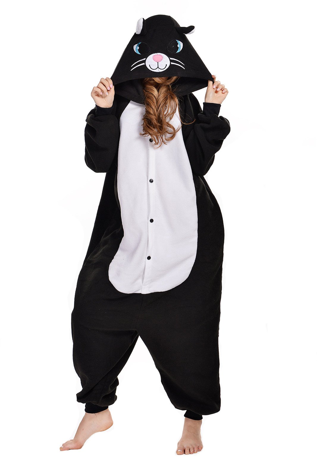 NEWCOSPLAYBlack/White cat Costume Sleepsuit Adult Onesies Pajamas