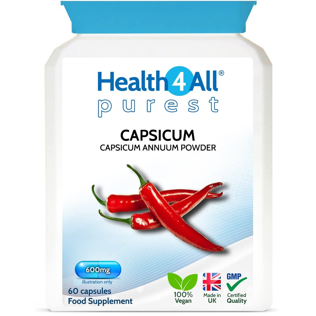 Health4All Capsicum 600mg 60 Capsules (V) Purest: no additives. High Strength Capsaicin with Anti-inflammatory Properties. Vegan. Made in The UK