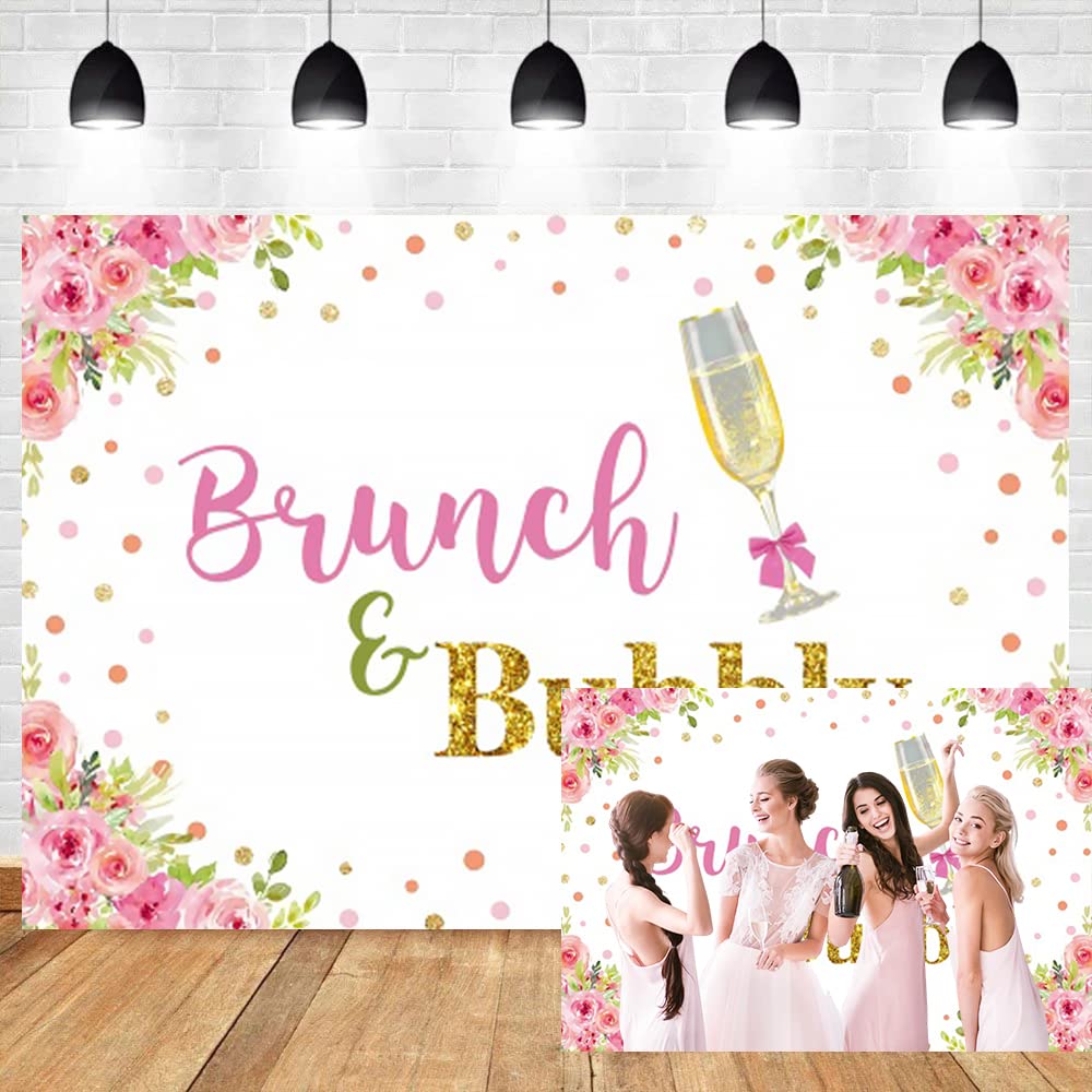 DORCEV 8x6ft Brunch and Bubbly Bridal Shower Party Backdrop Golden Champagne Pink Floral Colorful  Dots Wedding Party Decor Backdrop for Women Photography Background Banner Studio Photo Props