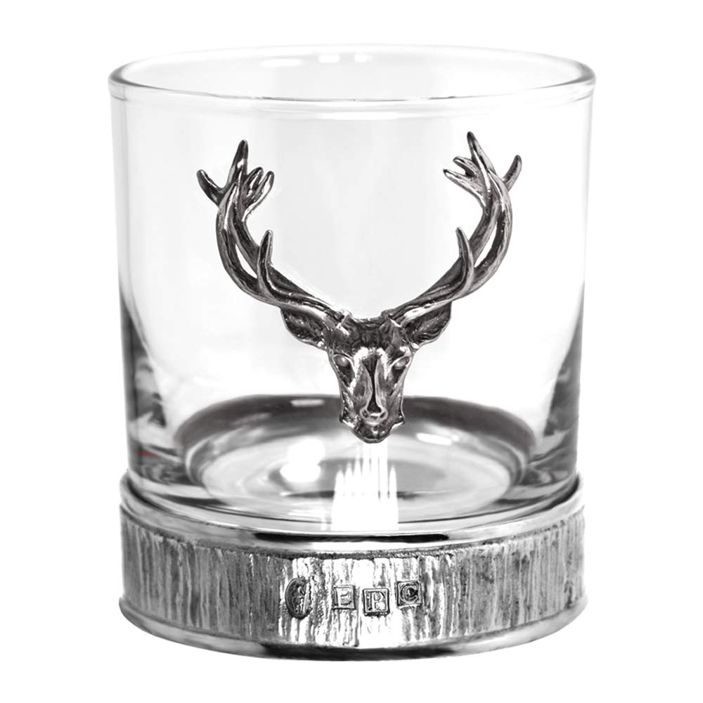 English Pewter Company 11oz Old Fashioned Whisky Rocks Glass With Stag Deer Head Antler and Pewter Base [STAG203]