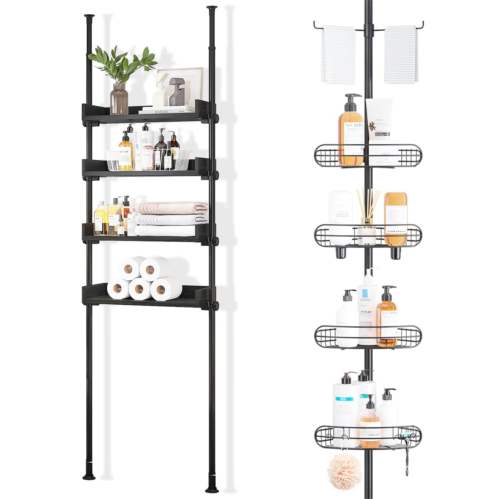 ALLZONE4 Tier Adjustable Wood Over The Toilet Storage Cabinet, Stainless Steel Corner Shower Caddy Tension Pole, Bathroom Shower Organizer Combination