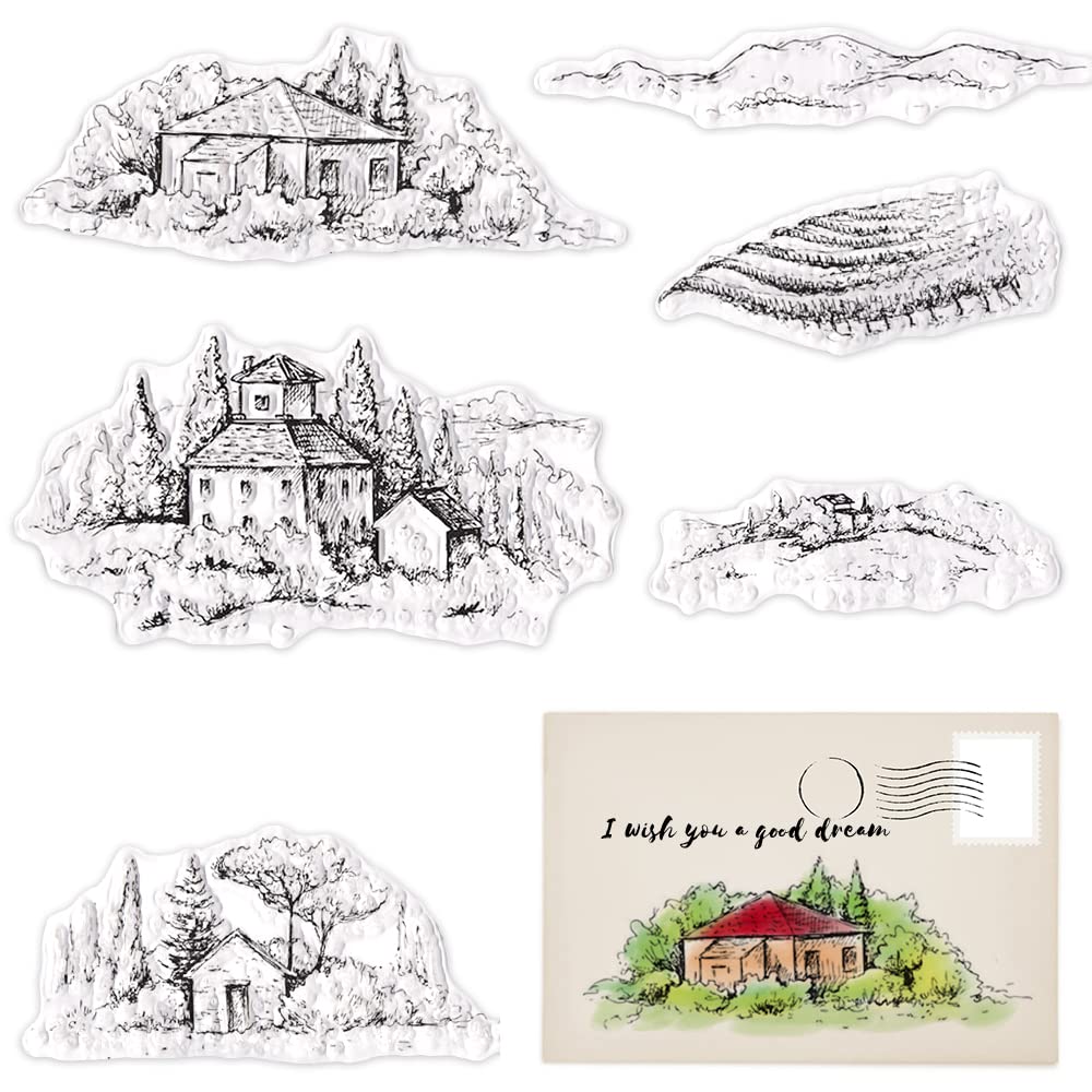 Hying Spring Landscape House Clear Stamps for Card Making, Field Tree Transparent Rubber Stamps for Bullet Journal DIY Scrapbook Decoration Handmade Crafts Notebook