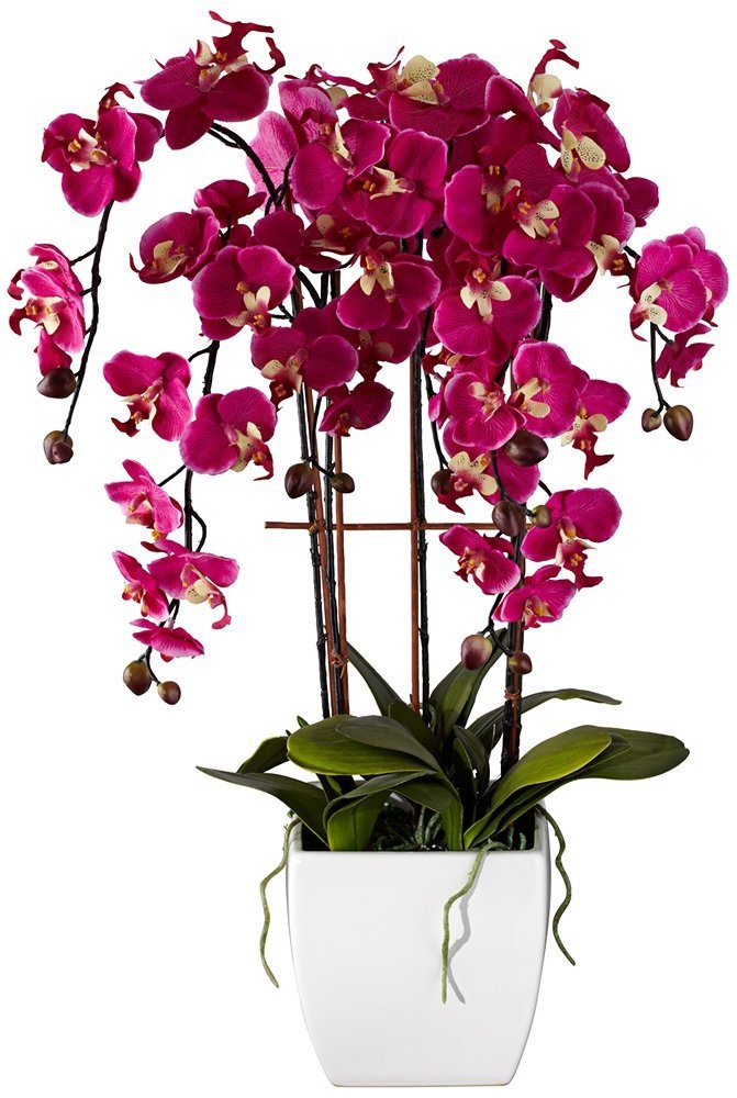 Potted Silk Faux Artificial Flowers Arrangements Realistic Purple Fuchsia Orchid in White Ceramic Pot for Home Decoration Living Room Office Bedroom Bathroom Kitchen 29" High