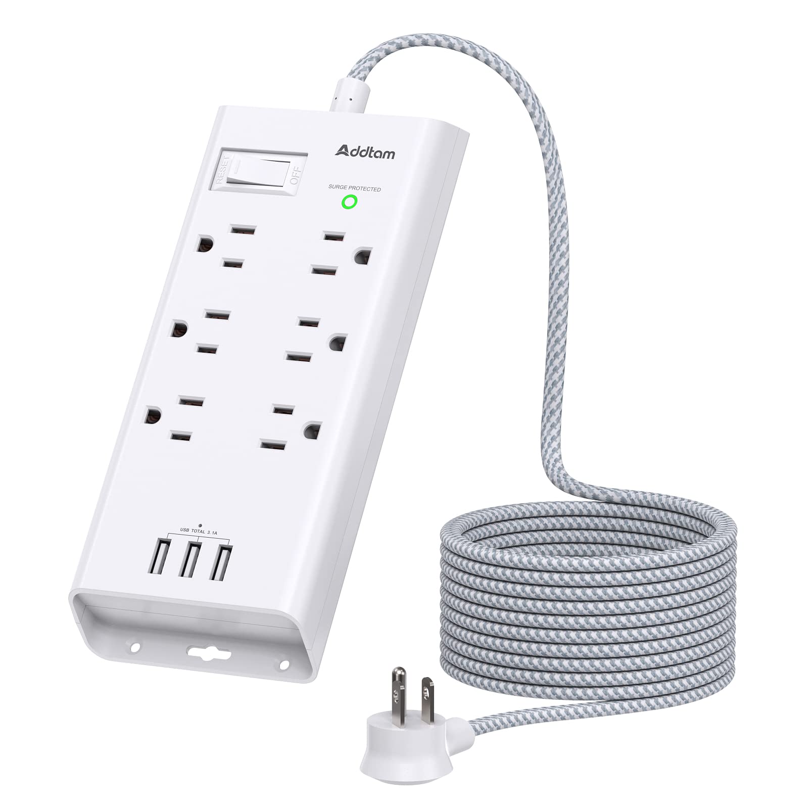 Power Strip Surge Protector - Addtam 10Ft Long Extension Cord with 6 Outlets and 3 USB Ports, Flat Plug Overload Surge Protection Outlet Strip, Wall Mount for Home, Office and More