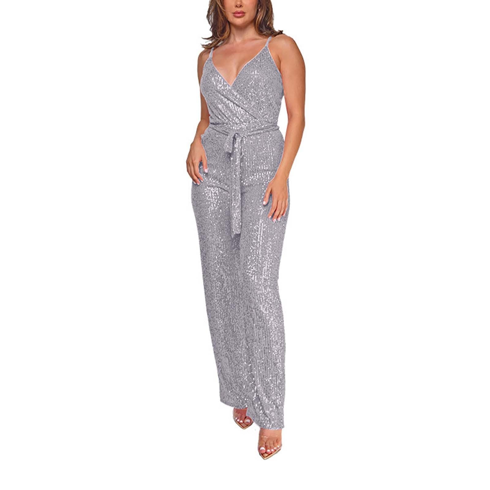 SunwardSparkly Strap Jumpsuits for Women Sleeveless Open Back Sequin Stretchy Long Pants Clubwear Party Rompers with Belt