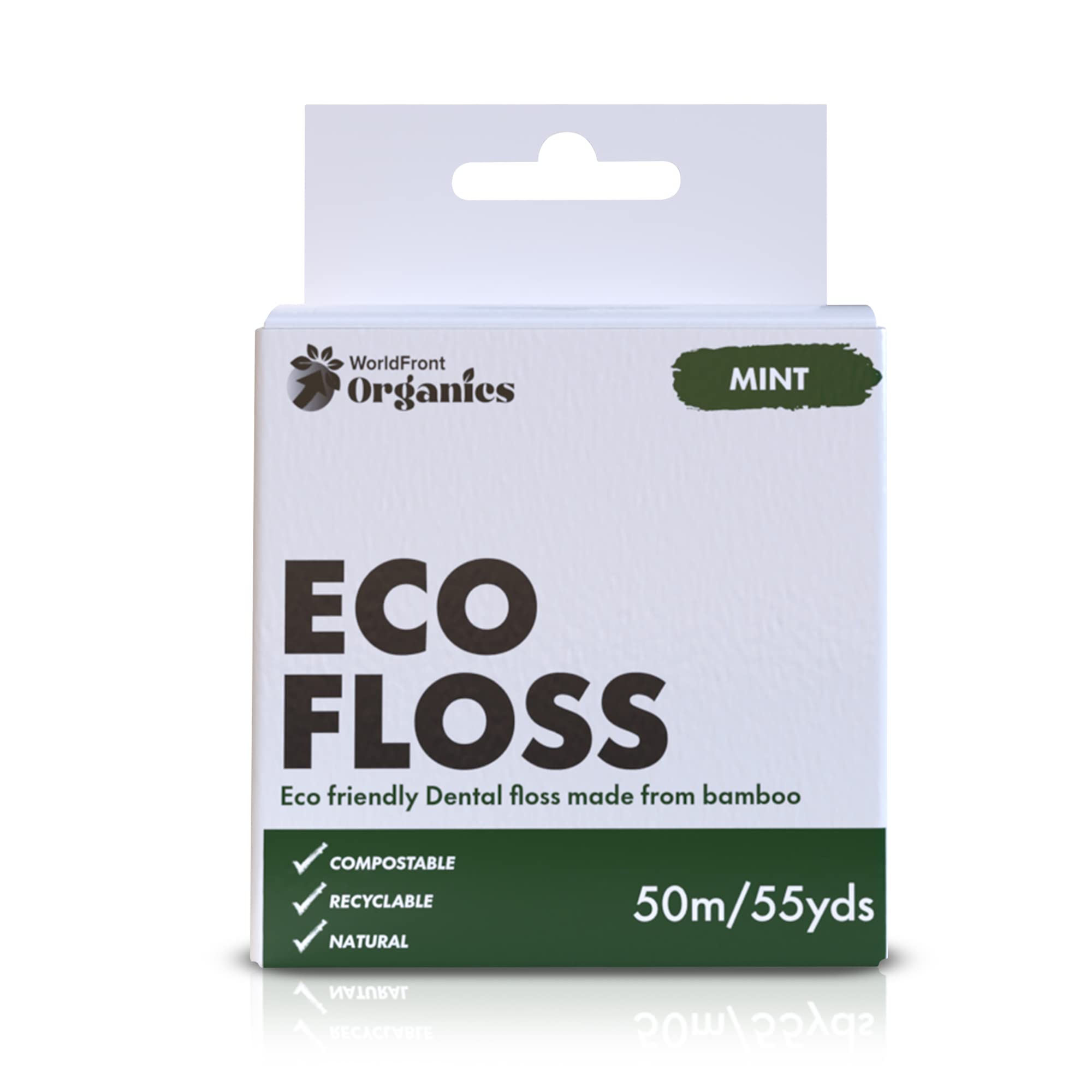 WorldFront Naturals Eco Dental Floss Ideal for Teeth Clean, Removing Plaque & Food Debris- Biodegradable Mint Tooth Flosses Made of Organic Bamboo- Compostable Plastic Free Packaging- 50m/55 yds