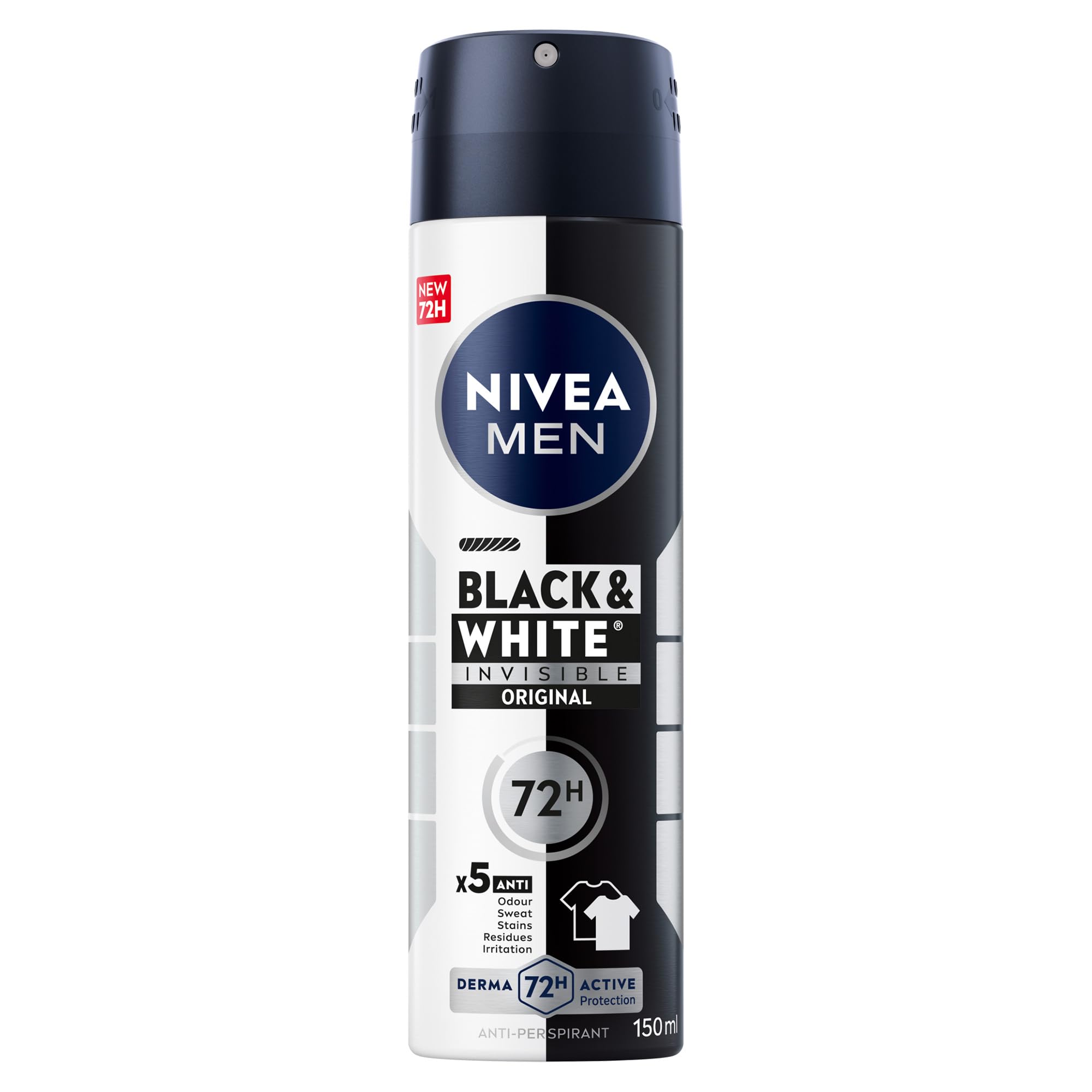 NIVEA MEN Black & White Invisible Antiperspirant Deodorant Spray, Original, 72H Active Protection, 5IN1, Anti-Odour, Sweat, Stains, Residues & Irritation, 150ml