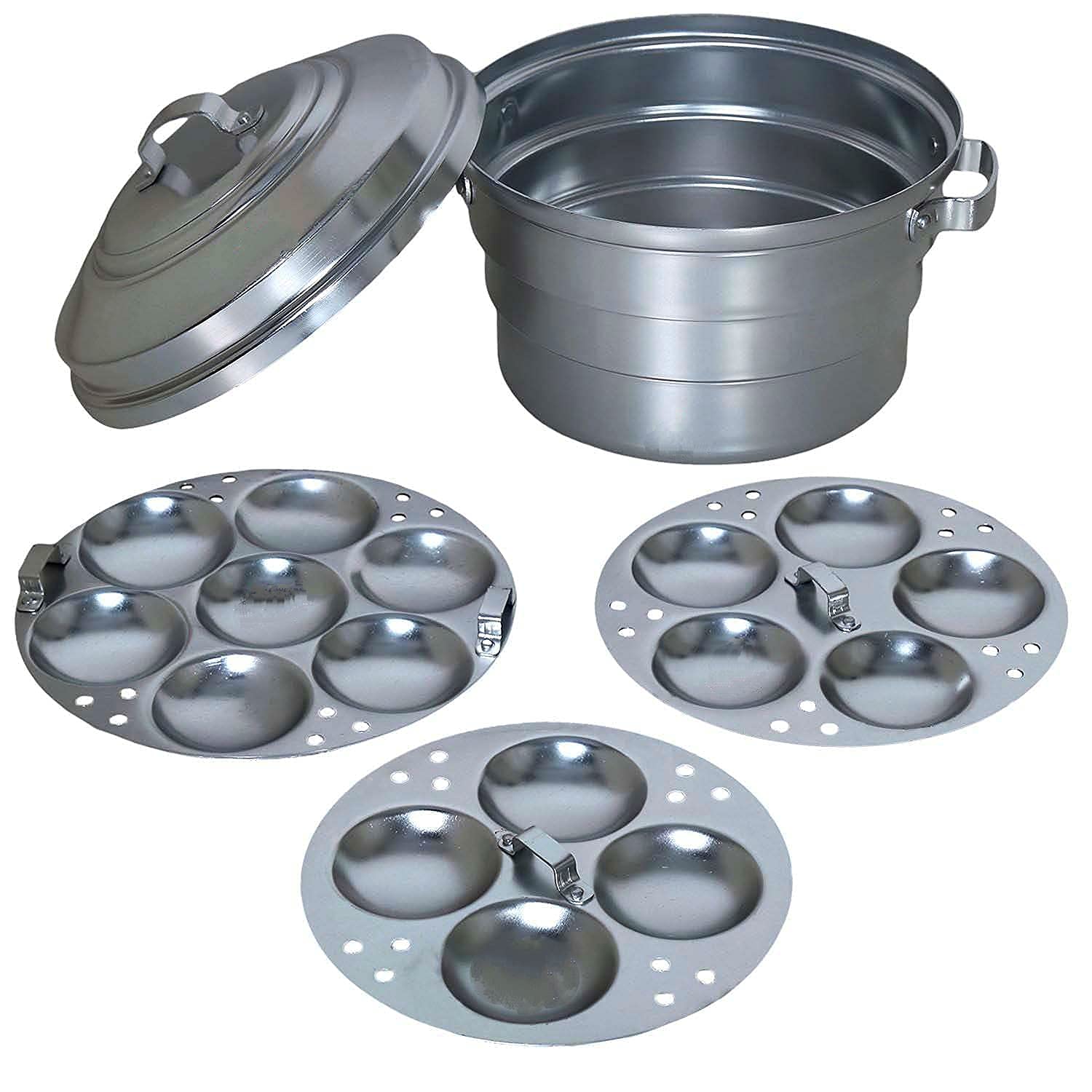 Standard Anodised Aluminium Idly Maker Satti Steamer Cooker Breakfast Idly Maker 12 Pot(1.3 Kg) Export Quality, Silver (16 Idly Pot)