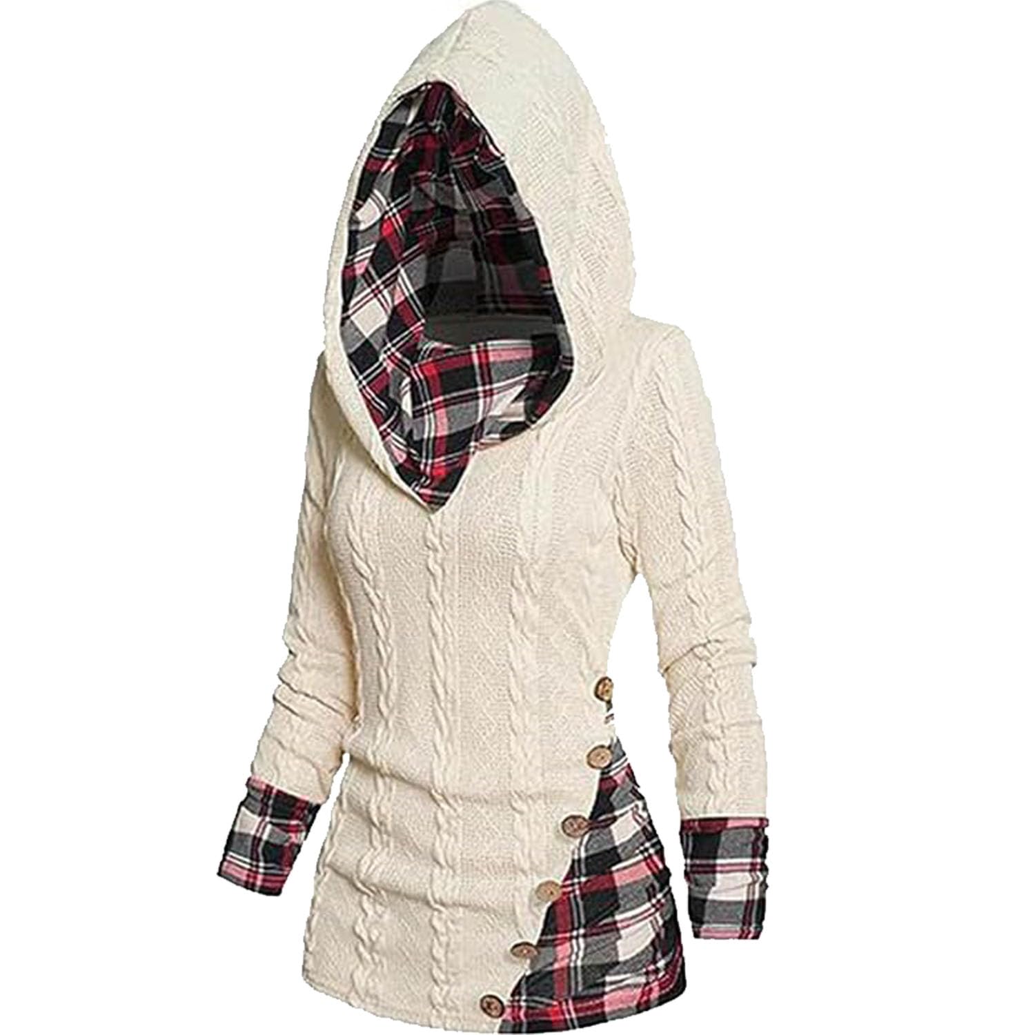 esentl Plaid Splicing Button Decor Hoodie, Plaid Splicing Button Decor Cable Hoodie for Women, Hoodies Long Sleeve Hooded