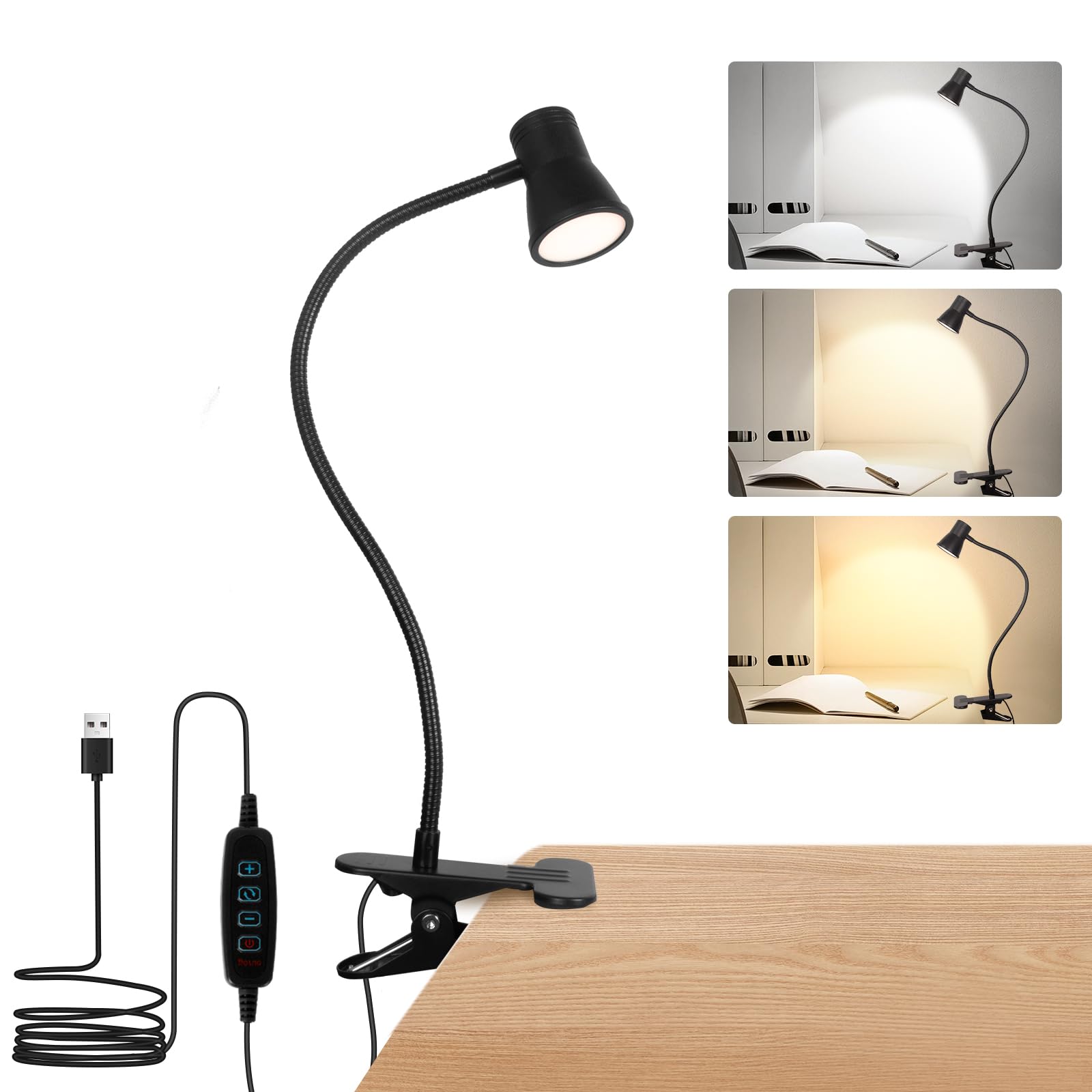 AORAEM LED Reading Light Clip on Light for Bed Headboard, 3 Color USB LED Desk Lamp Clip for Home Office, 360° Adjustable Reading Light USB LED Clamp Light for Reading, Working Studying