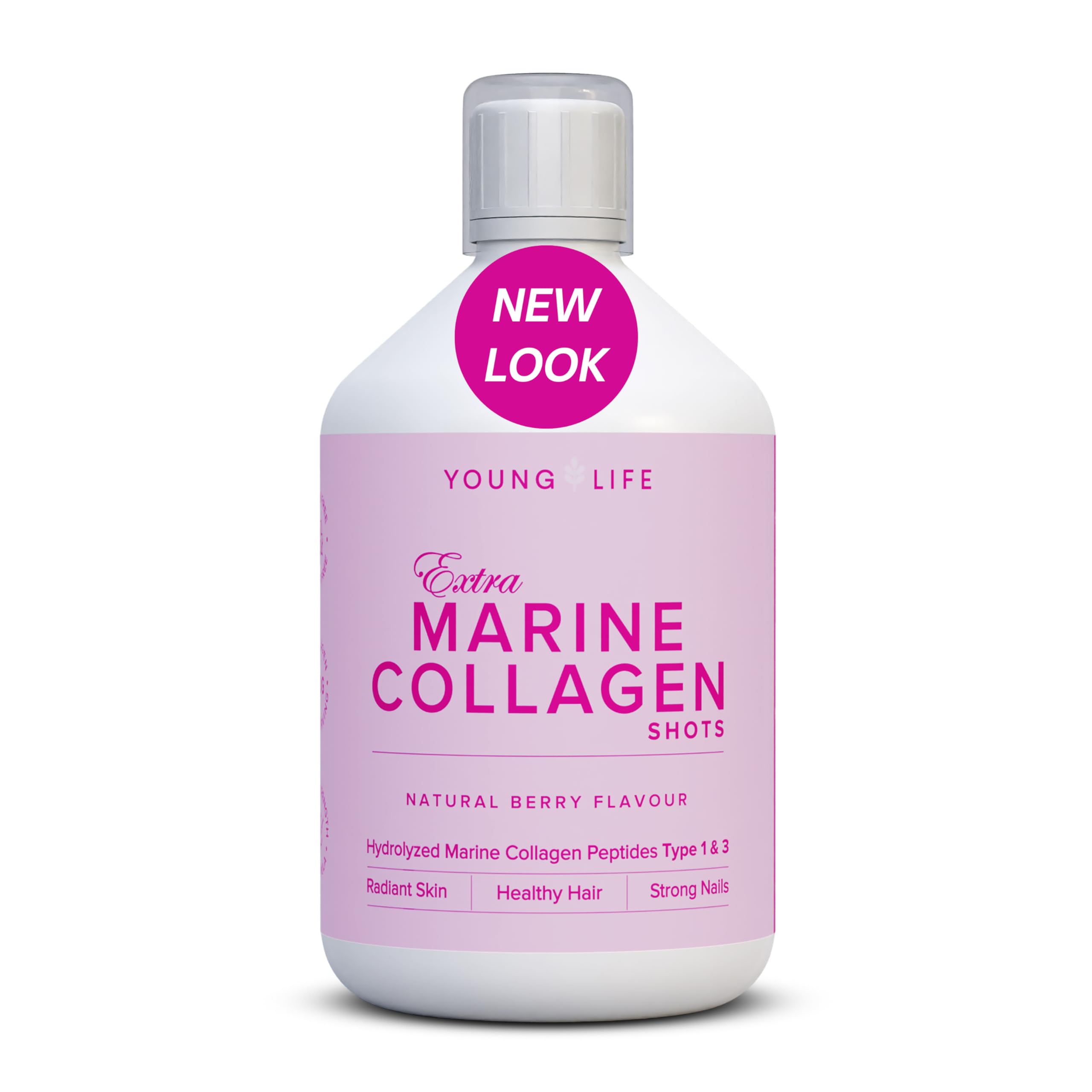 Young Life Extra Marine Collagen Shots 10000mg, 16.9 oz, Swedish Hydrolyzed Collagen Peptides Type 1&3, Biotin, Vit C, D, B12, Sugar Free Berry Flavor