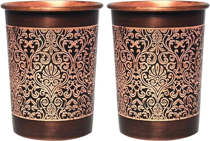 ANCIENTIMPEX Copper Tumbler Set of 2, Floral Pattern, 300 Ml (10.14 US Fluid Ounce) Capacity for Ayurveda Health Benefits