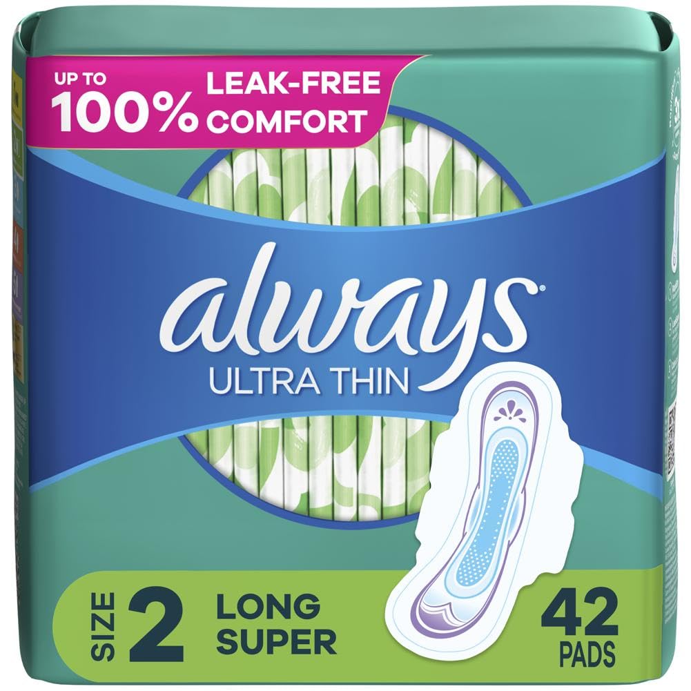 Always Ultra Thin Pads with Flexi-Wings, Size 2, Long Super, Unscented, 42 CT