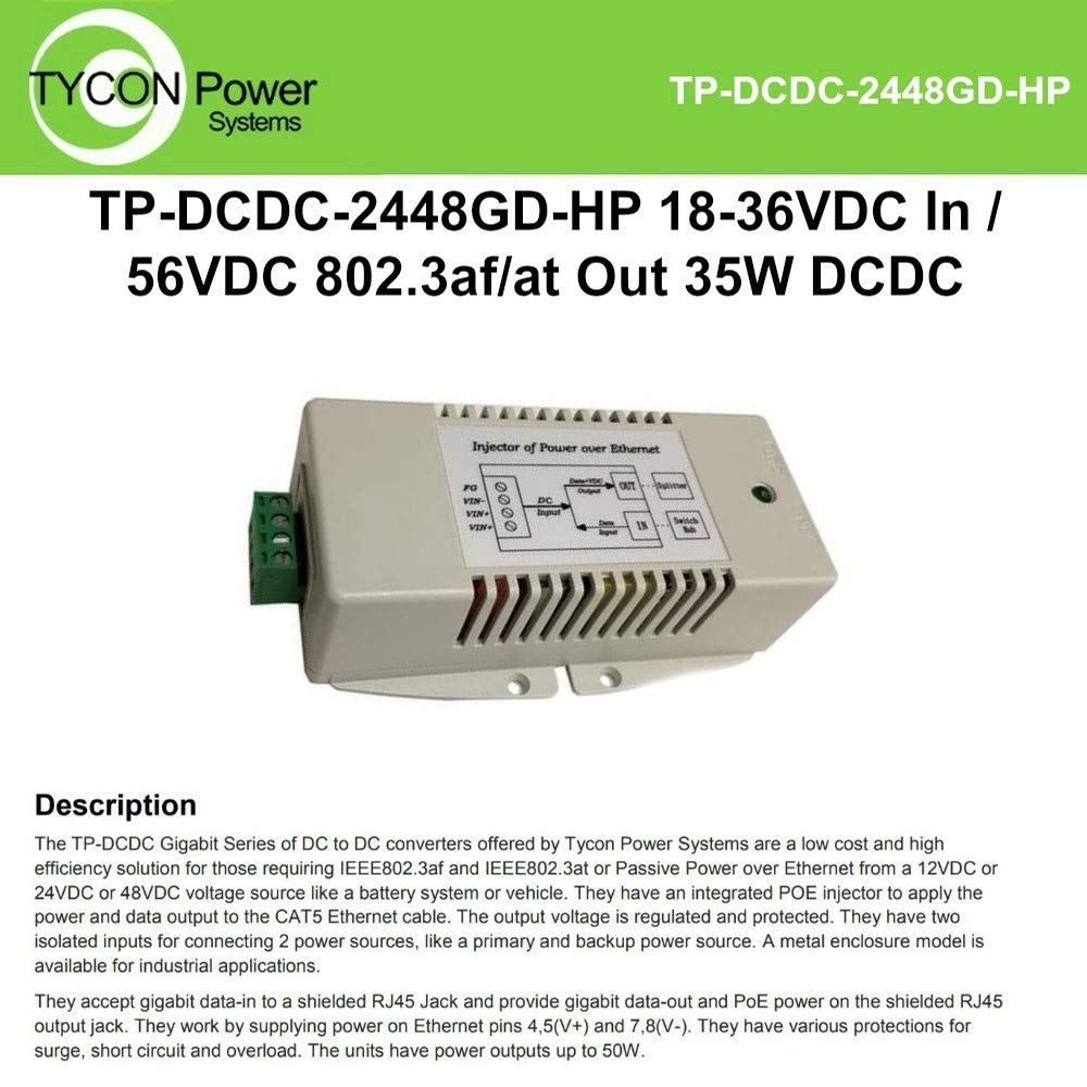 Tycon Systems TP-DCDC-2448GD-HP 56V DC Out 35W Hi Power DC to DC Converter and POE Inserter - Gigabit