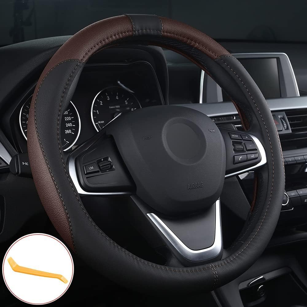 DROZIP Steering Wheel Cover, Genuine Leather Car Steering Wheel Protector Sport Carbon Fiber Design, Non-Slip & Breathable & Odorless, Universal Fit (BLACK8)