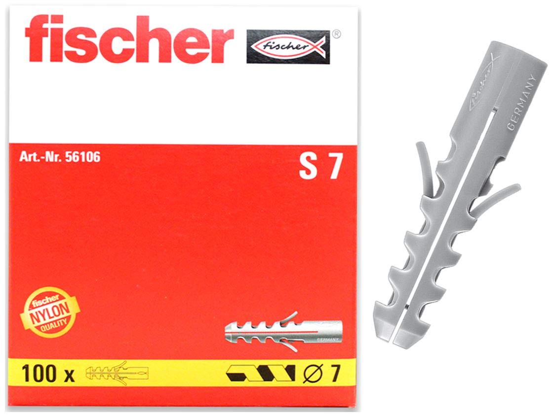 fischer S7 5/16" 100pcs Expansion Plug Rimless High-Quality Nylon Expands in Two Directions Wood or Chipboard Screws Can Be Used, Ideal for Concrete and Solid Masonry