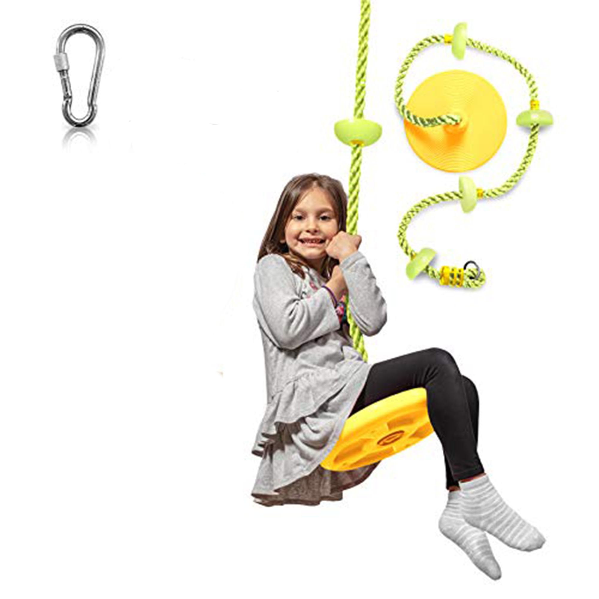 LAEGENDARY Tree Swing for Kids - Single Disk Outdoor Climbing Rope with Platforms, Carabiner & 4 Ft Tree Strap - Playground Accessories - Yellow Rope