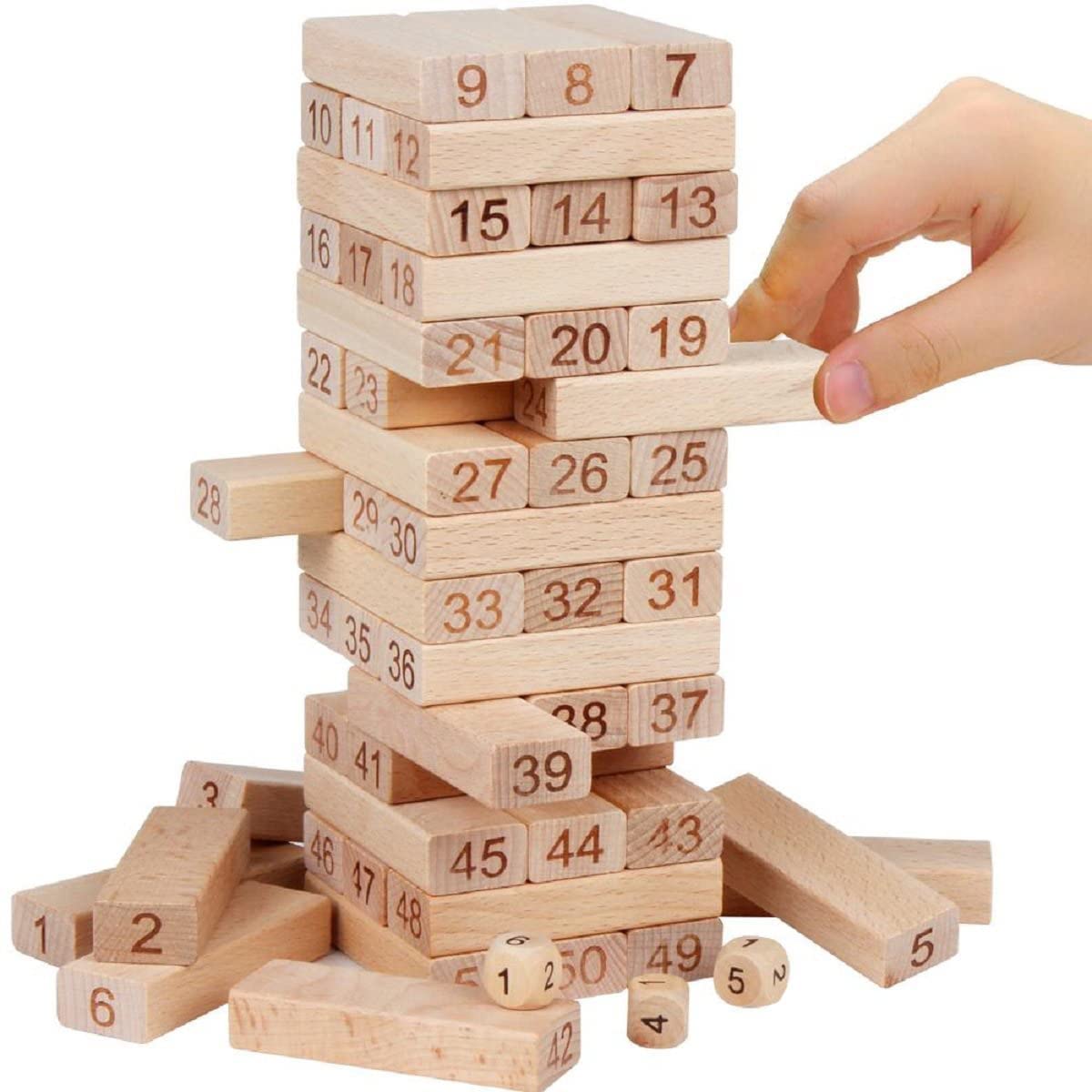 PLANO TOYS 48 Pcs 3 Dice Challenging Wooden Games Blocks for Adults and Kids, Wood Tumbling Tower Stacking Toys with Dices Board Best Educational Puzzle Game (Mega Number)