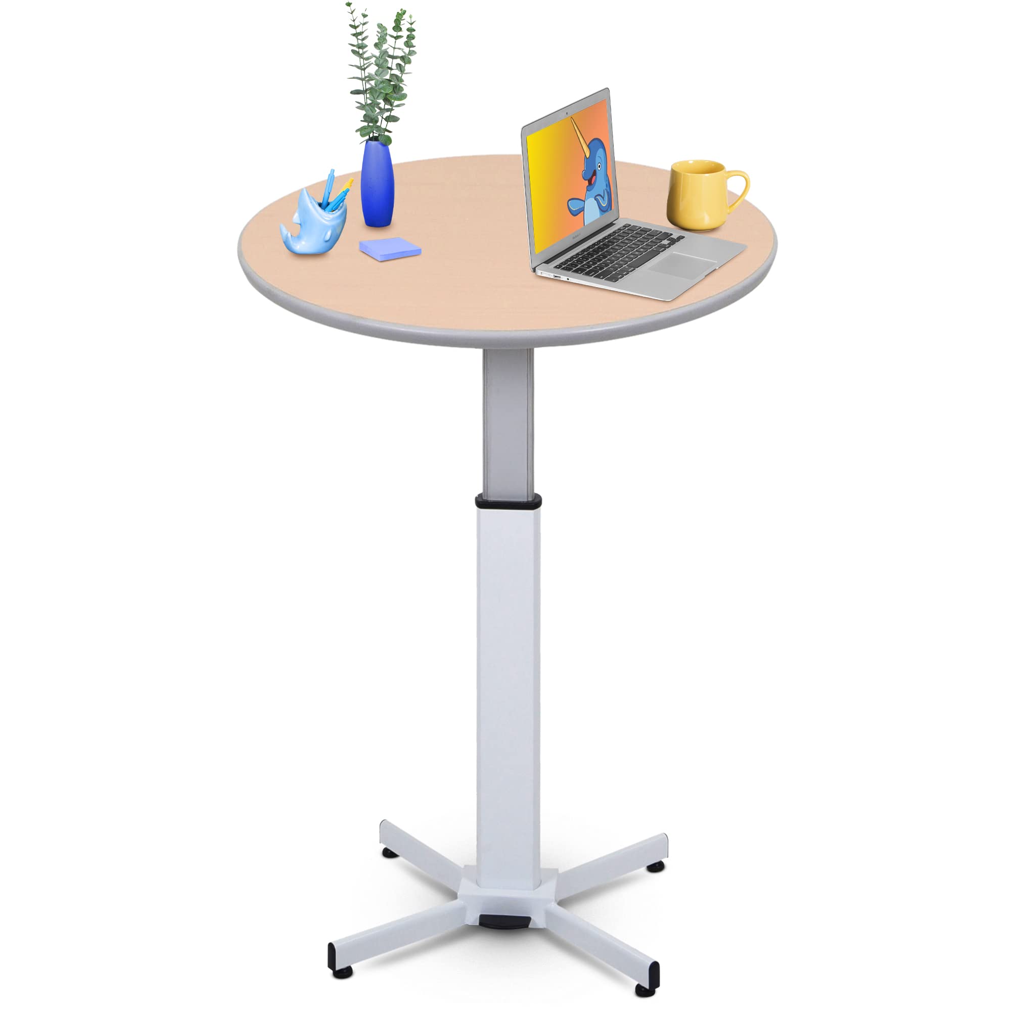 Stand Steady Adjustable Height Round Table - Ergonomic Sit to Stand Desk, Side Table, High Top Cocktail Cafe Table - Ideal for Saving Space and Comfortable Sitting (White/Maple, 31.5in x 28-42.5in)