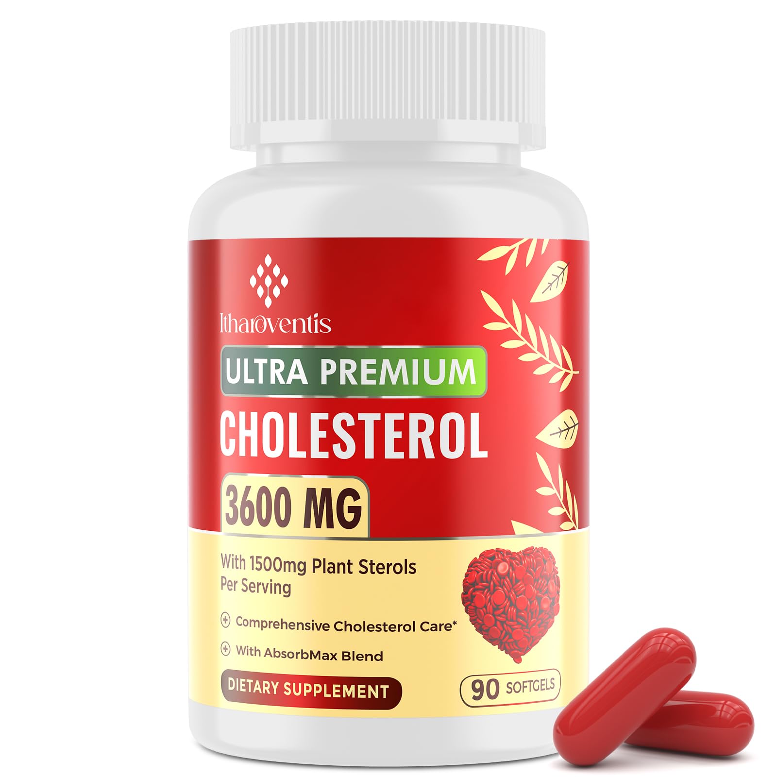 3600 MG Cholesterol Supplements with Plant Sterols, Niacin, Red Yeast Rice, Bergamot, Omega-3 & Garlic - Max Absorption Cholesterol Complex for Normal Levels - 90 Softgels