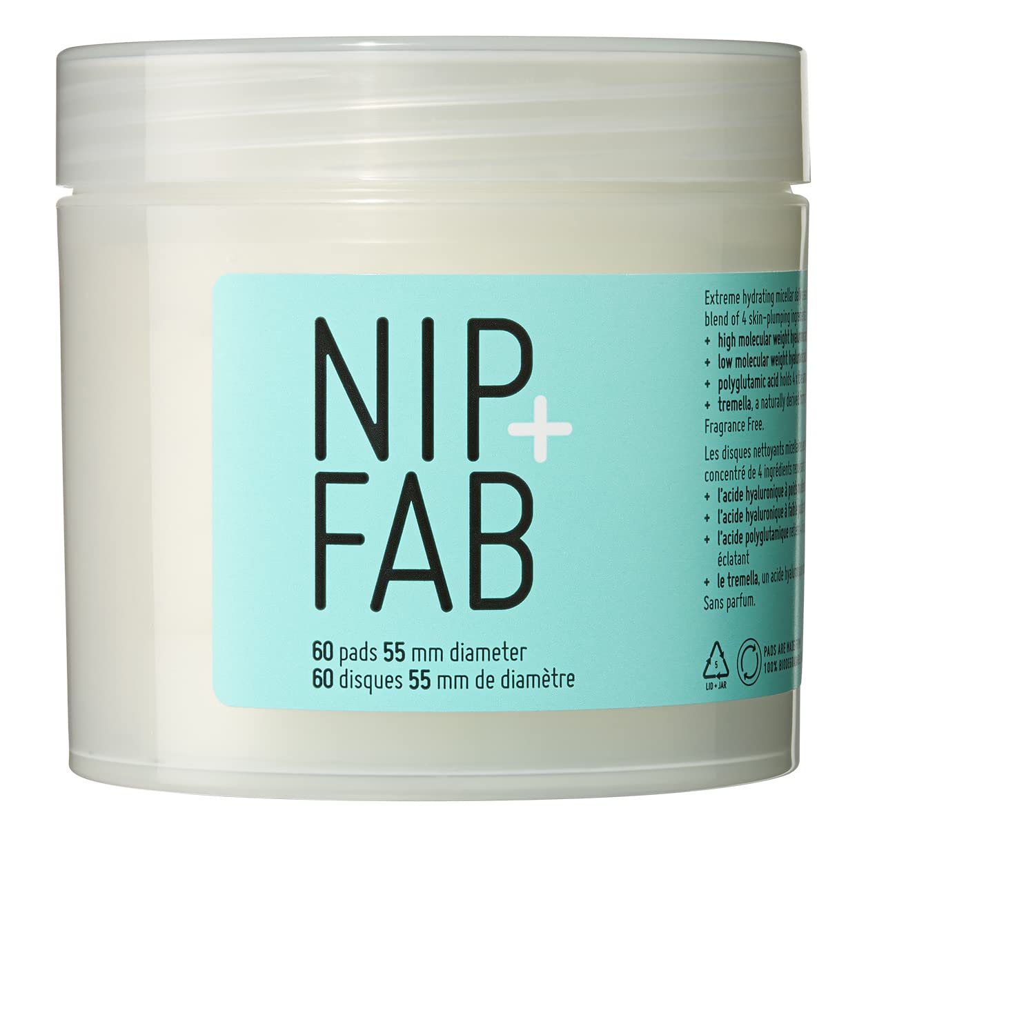 Nip + Fab Hyaluronic Acid Fix Extreme 4 Micellar Cleansing Pads for Face, Lightweight and Nourishing Cleanse Solution for Makeup Removal, Skin Plumping, Hydration, Multicolor, 60 pads