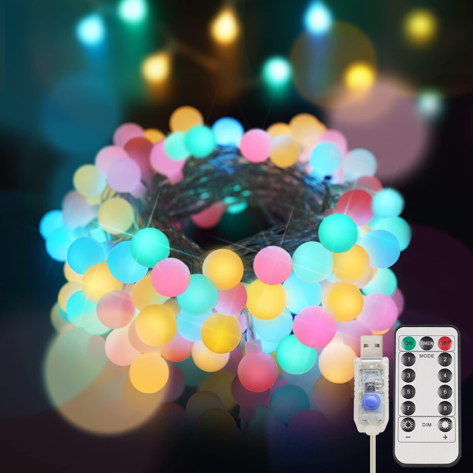 KASTWAVEColorful Globe String Lights, Outdoor Waterproof, 40 LED with Remote, USB for Backyard, Patio, Garden, Party, Bedroom, Classroom (6 Colorful Bulbs)