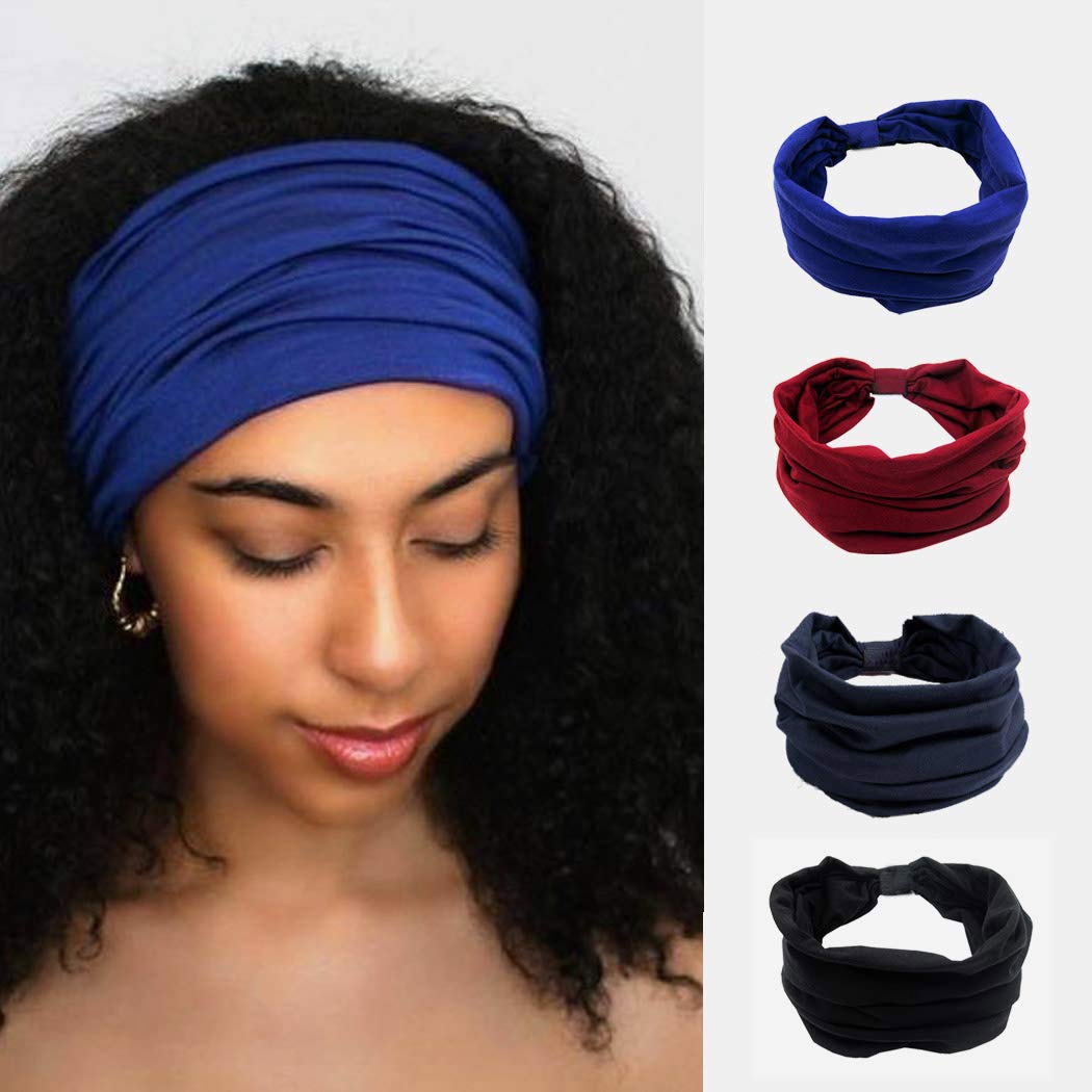 WoeoeAfrican Headbands Knotted Hairbands Black Yoga Sport Head Wraps Wide Elastic Head Scarf for Women and Girls (Pack of 4)