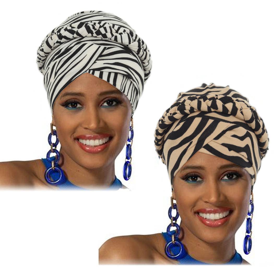 African Turban Head Wraps Beige Leopard Print Chemo Hat Cap Braid Pre-Tied Head Cover Cap Headwear for Women and Girls(2 Pieces)