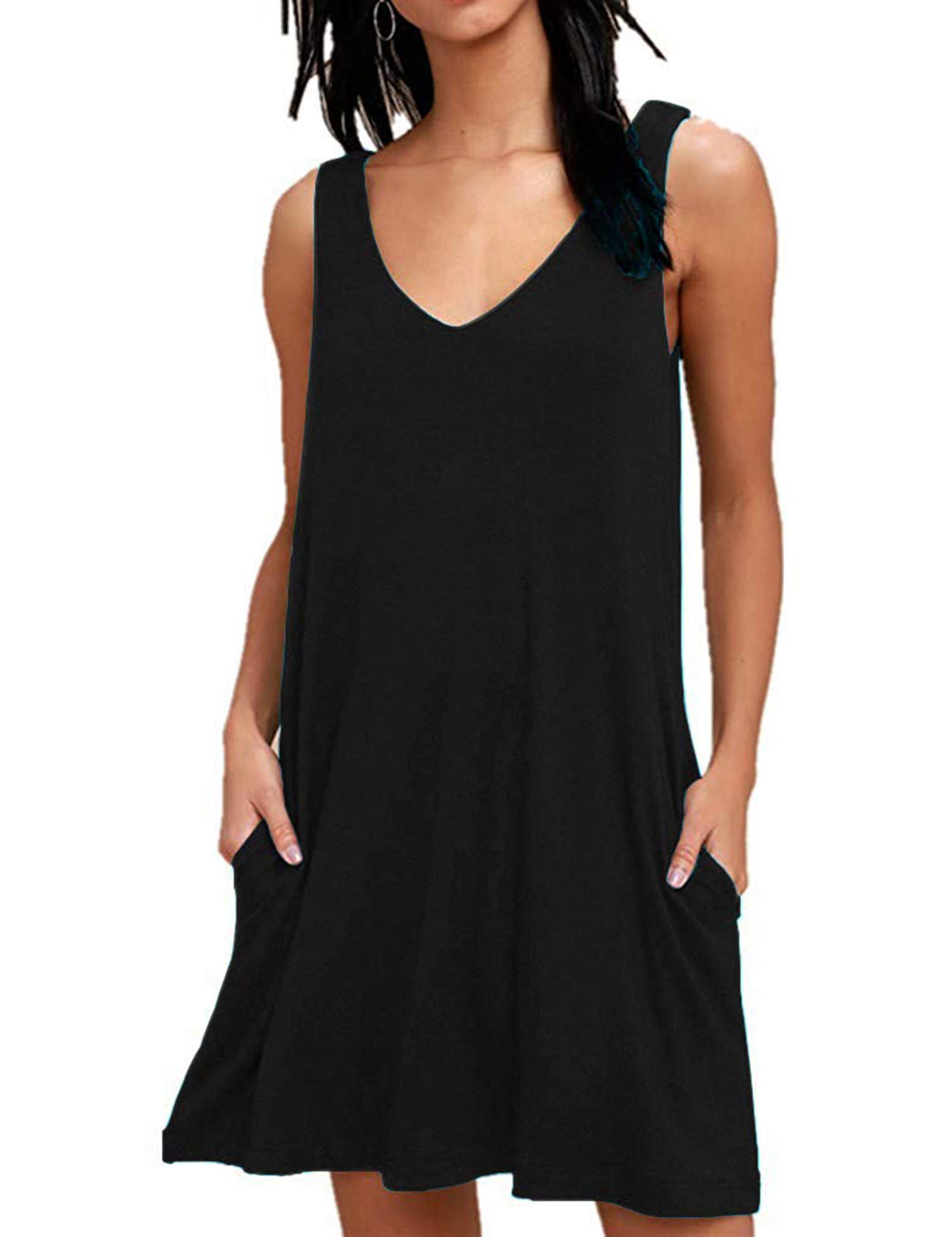 Women's Summer Casual Swing Sleeveless V Neck T-Shirt Dresses with Pockets