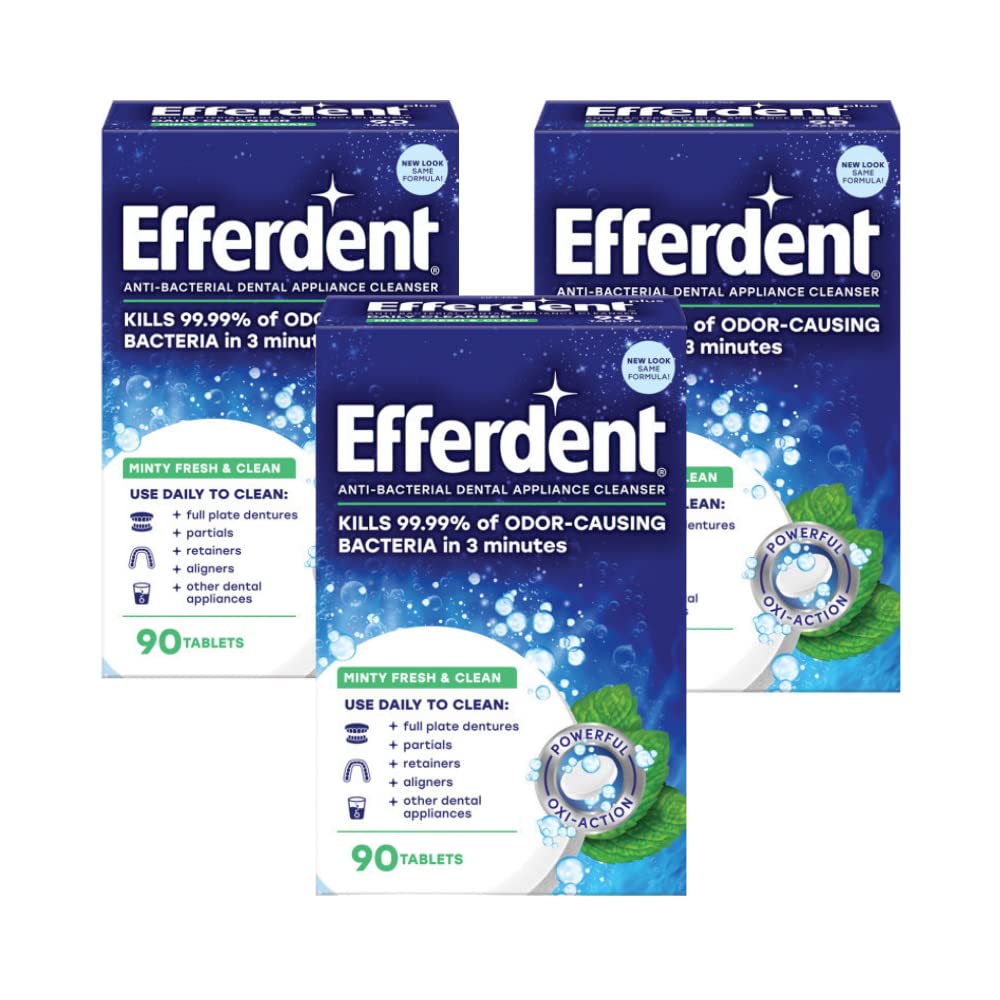 Efferdent Retainer Cleaning Tablets, Denture Cleaning Tablets for Dental Appliances, Minty Fresh & Clean, 90 Count. (Pack of 3)