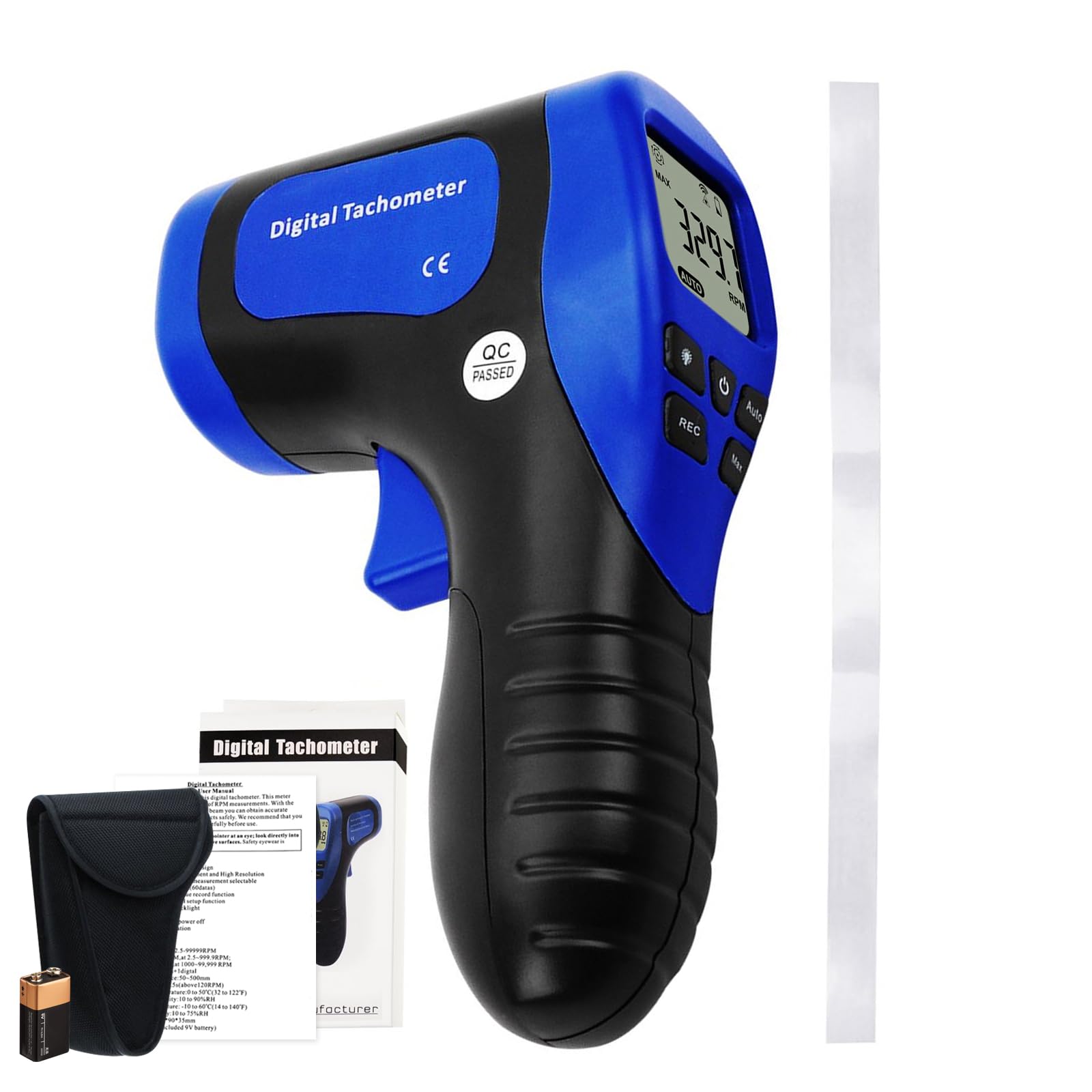 Digital Non-Contact Handheld Laser Photo Tachometer Motor speed Gauge Tester Rotational Record(60 Data)MAX/MIN/AVG ±0.02%+1 Accuracy Measuring Range:2.5-99999RPM distance:50~500mm with Reflective Tape