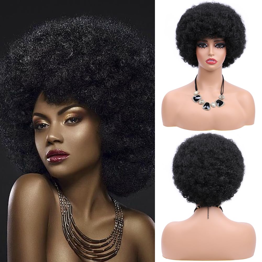 DAIRESS Soft 70s Afro Kinky Curly Hair Natural Looking Short Afro Curly Wig Jumbo Afro Wig for Black Women Natural Looking Perfect for Costume Cosplay Party Wig Use (#1)