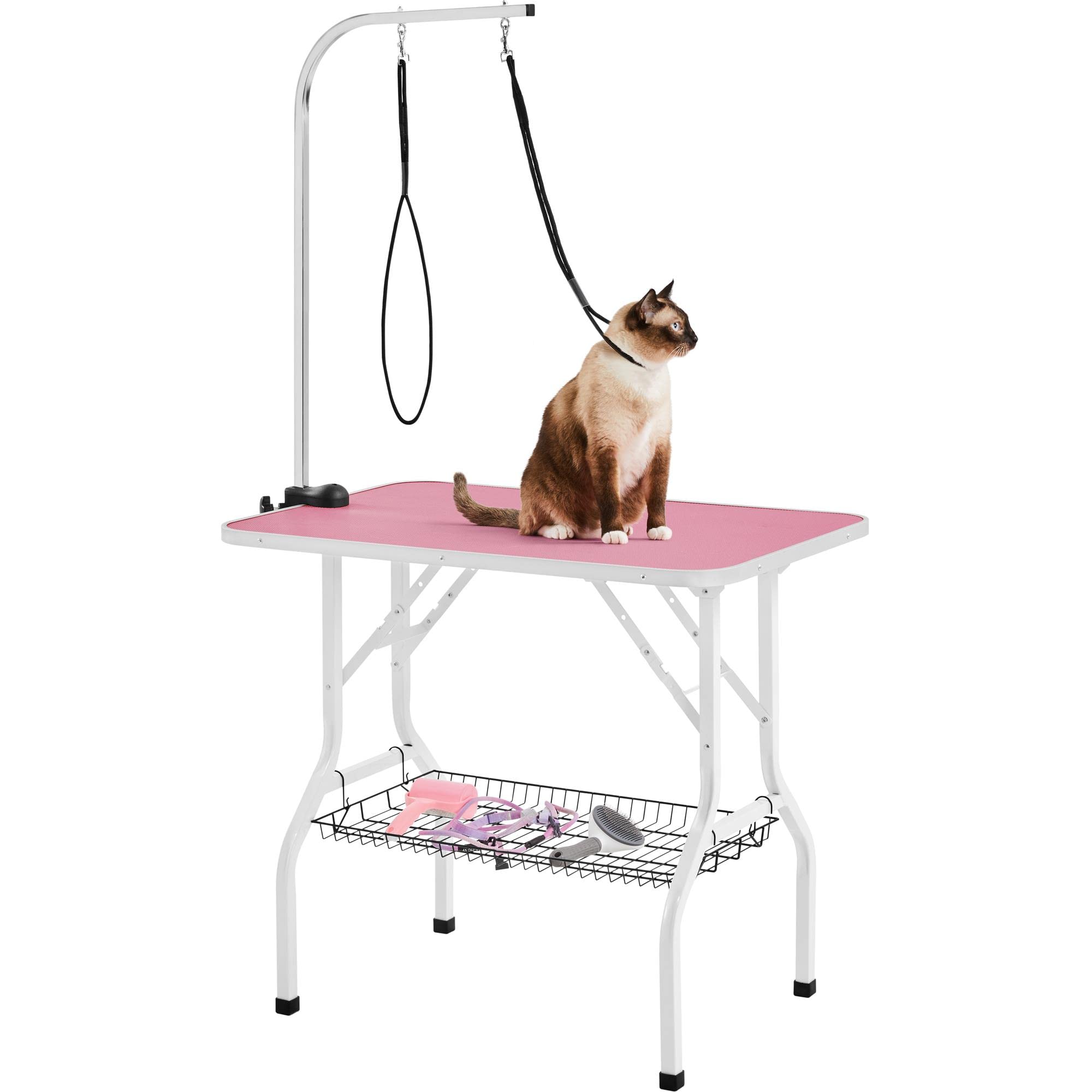 costoffs Foldable Pet Dog Grooming Table with Basket Adjustable Arm Double Tether Salon Table for Small Medium Dogs/Cats 160cm High Pink