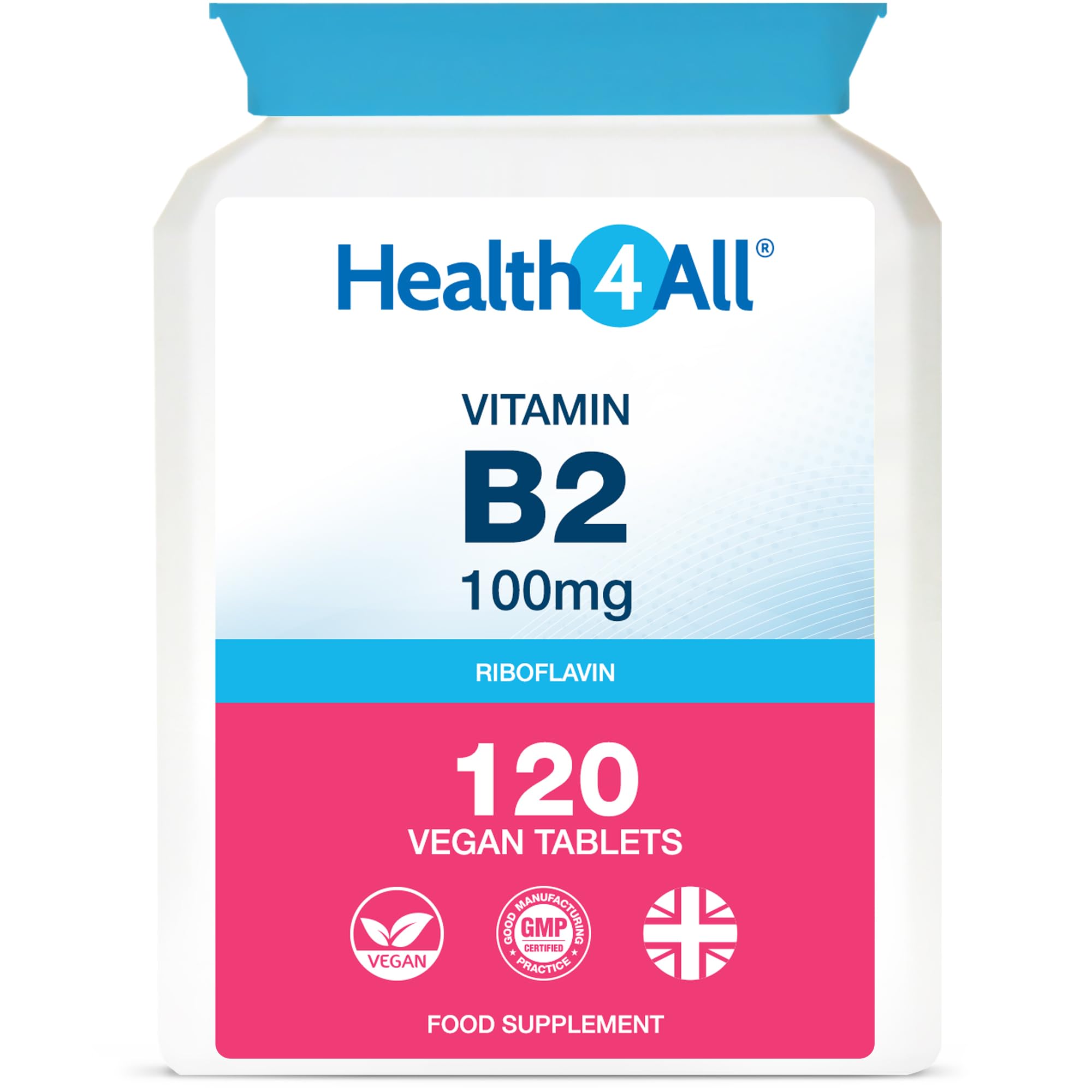 Vitamin B2 Riboflavin 100mg 120 Tablets . Migraine Support, Stress and Energy. Vegan. Made by Health4All