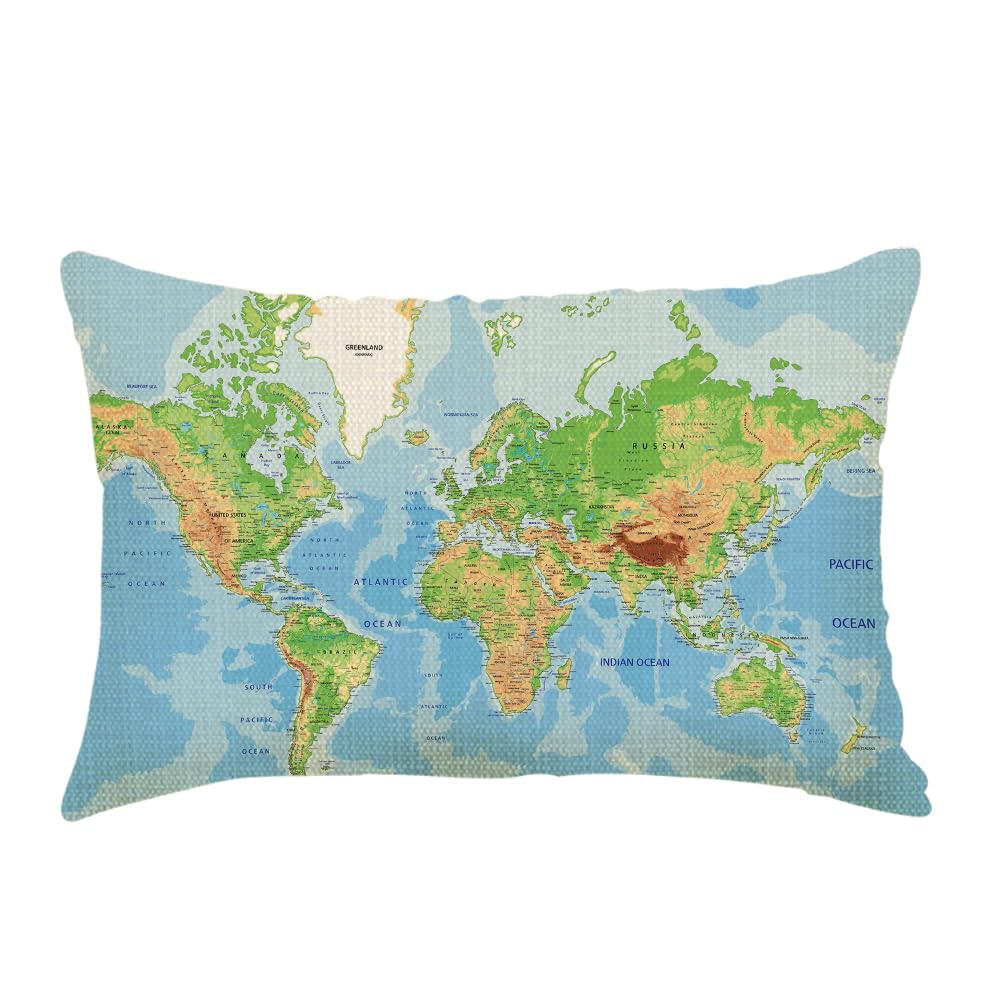 Throw Pillow Covers World Map Country State Earth Green Blue Pillow Cases Cotton Linen Waist Lumbar Cushion Cover Sofa Home Decorative Rectangle 12x20 Inches