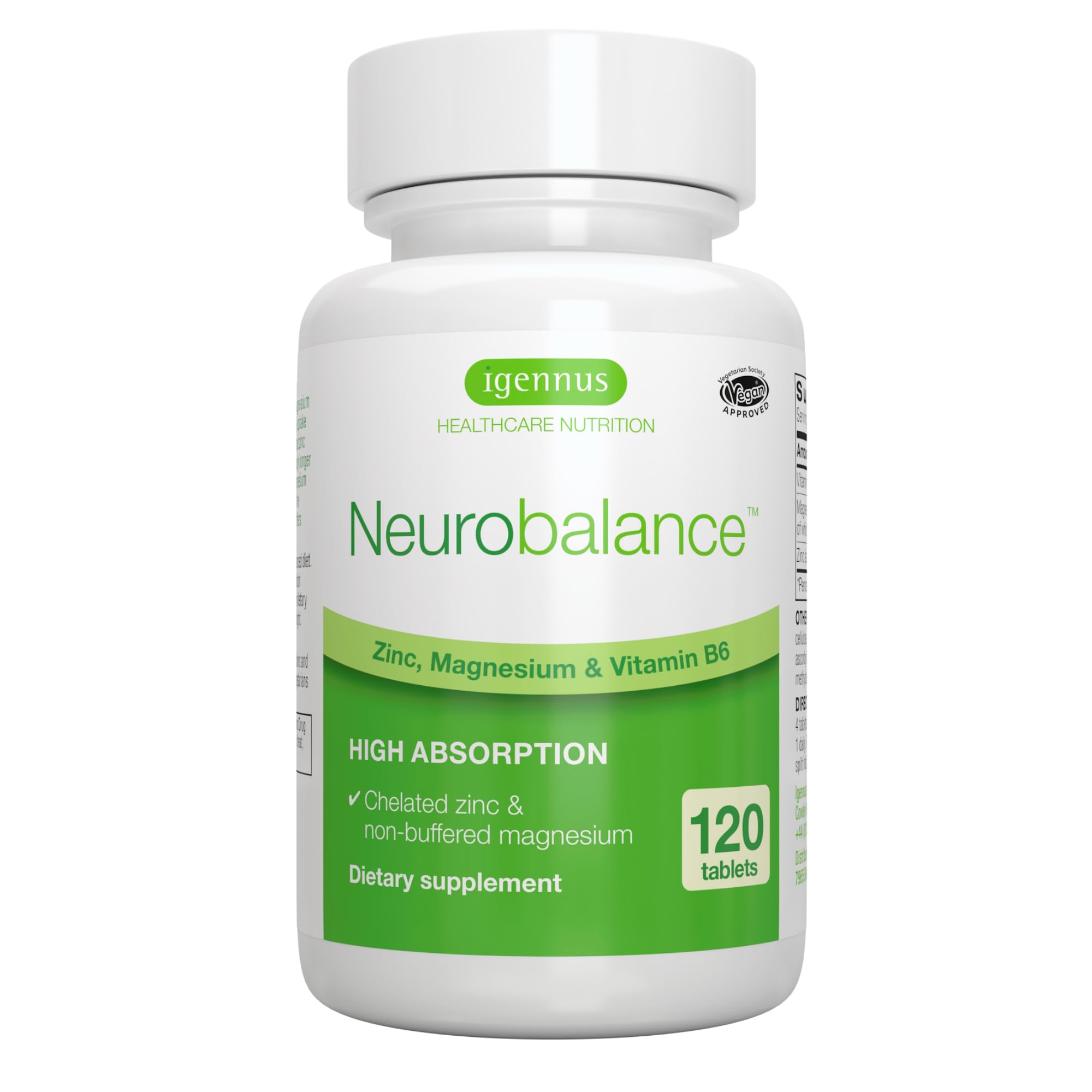 Igennus Neurobalance, Zinc Picolinate, Magnesium & Vitamin B6 Supplement for Adults & Children, 120 Tablets