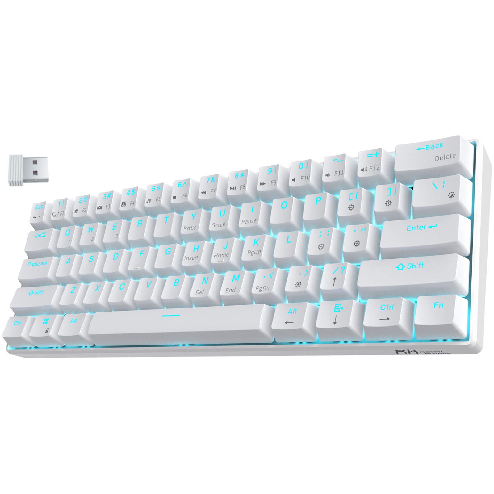 Rk Royal Kludge Rk61 61 Keys Wired/Wireless Multi-Device Yellow Led Backlit Mechanical Gaming/Office Keyboard For Ios, Android, Windows With 1450Mah Battery, Hot-Swappable Tactile Blue Switch-White