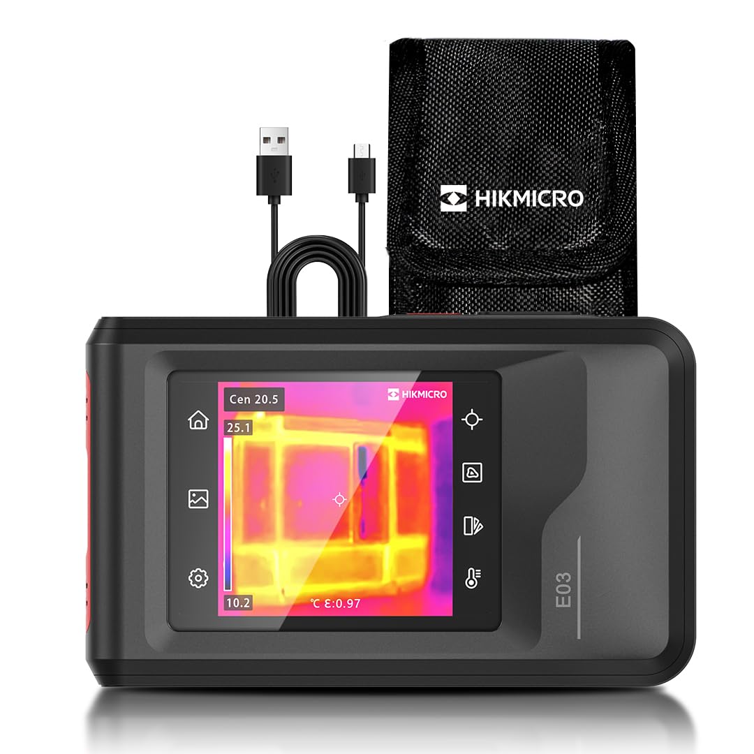 HIKMICRO E03 Pocket-size Compact Thermal Imaging Camera with Visual Camera, 96 x 96 IR Resolution/9,216 Pixels, Powered by SuperIR, 25 Hz, 3.5" Touch Screen Thermal Imager, IP54, -4°F to 662°F