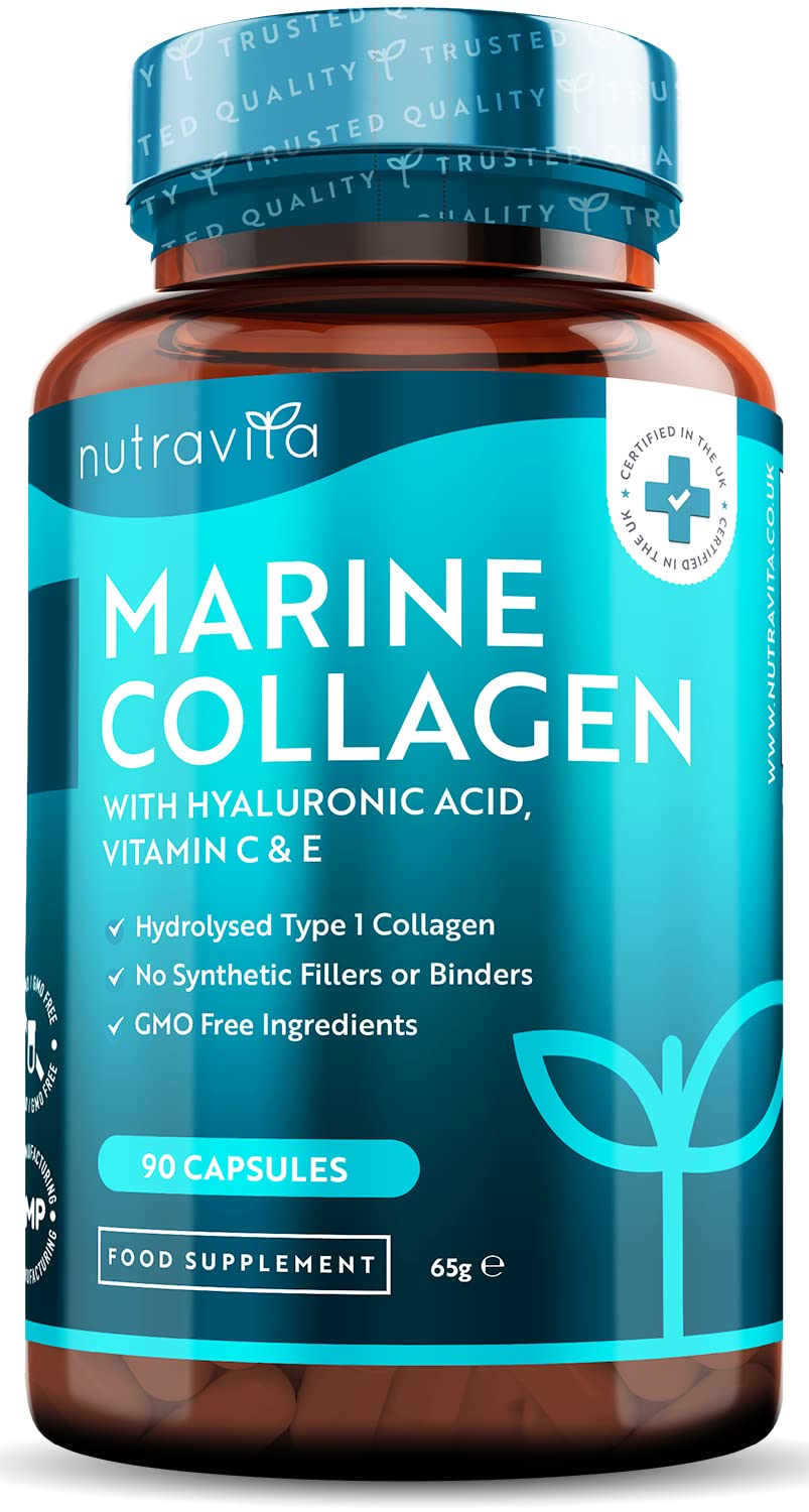 Nutravita Premium Hydrolysed Marine Collagen Type 1 1000Mg Per Serving (90 Capsules) Enhanced With Hyaluronic Acid Vitamin C & E Superior Bioavailability Made In Uk