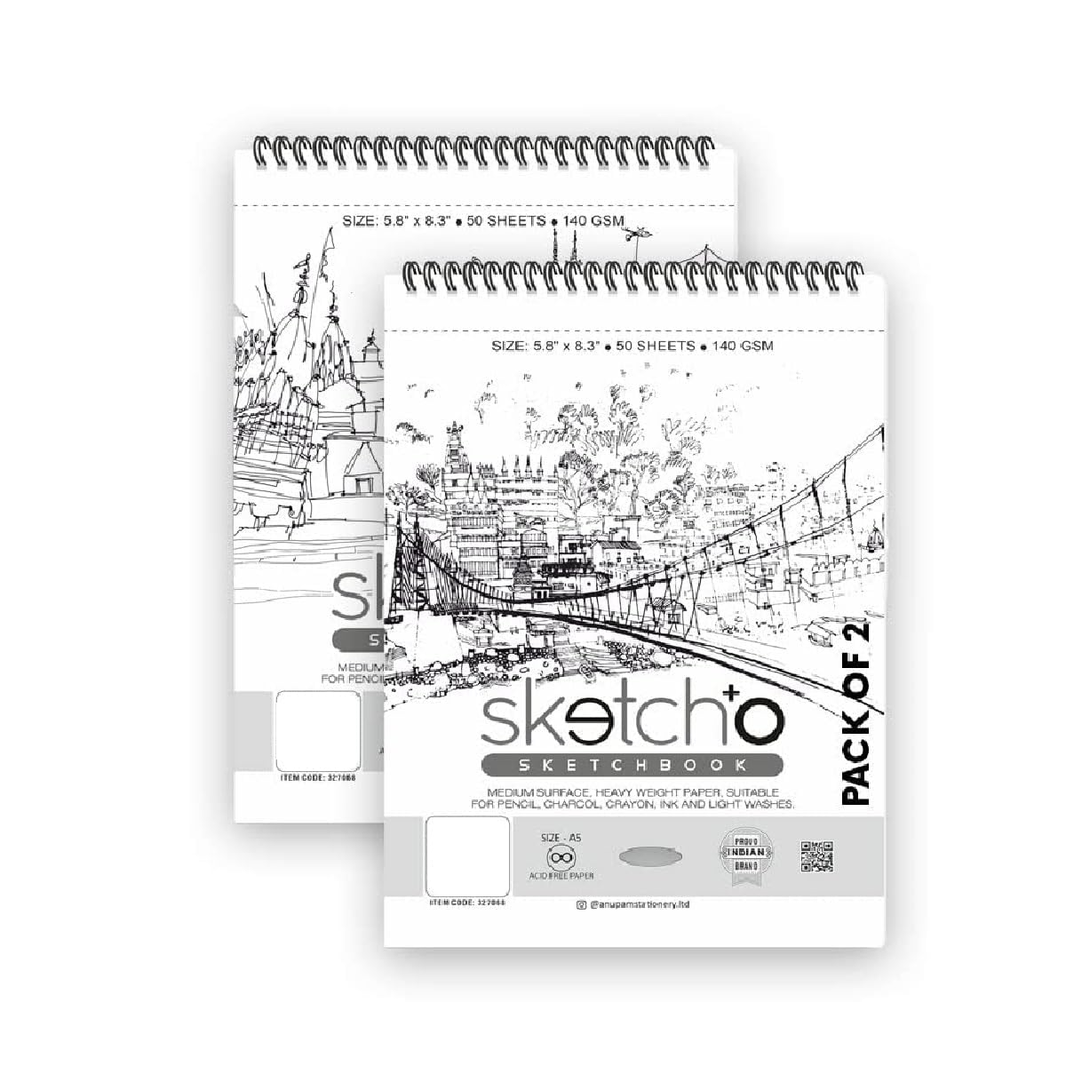 Anupam SketchO Sketch Book A5 Top Wiro Bound Drawing Book Acid Free Cartridge Paper 140 GSM for Artists, Professional for Marker Colored Pencil Charcoal Pastels (50 Sheets, 100 Pages) (Pack of 2)