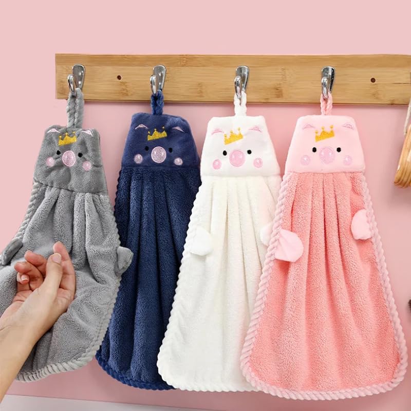 Prostuff.in® Decorative Little Thick Cartoon Crown Piggy Towel Children Face Wash Kitchen Cleaning Table Wipe Towel with Hanging Loop for Dishware Quick Drying Assorted Colour 1 Pcs