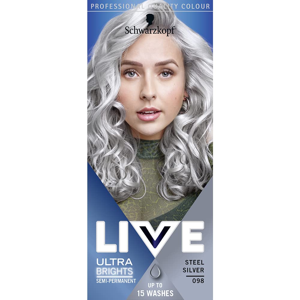 Schwarzkopf LIVE Ultra Brights Steel Silver Semi-Permanent Hair Dye 098, Silver Hair Dye for Bright or Pastel Hair Colour, Vibrant Colour Lasts up to 15 Washes