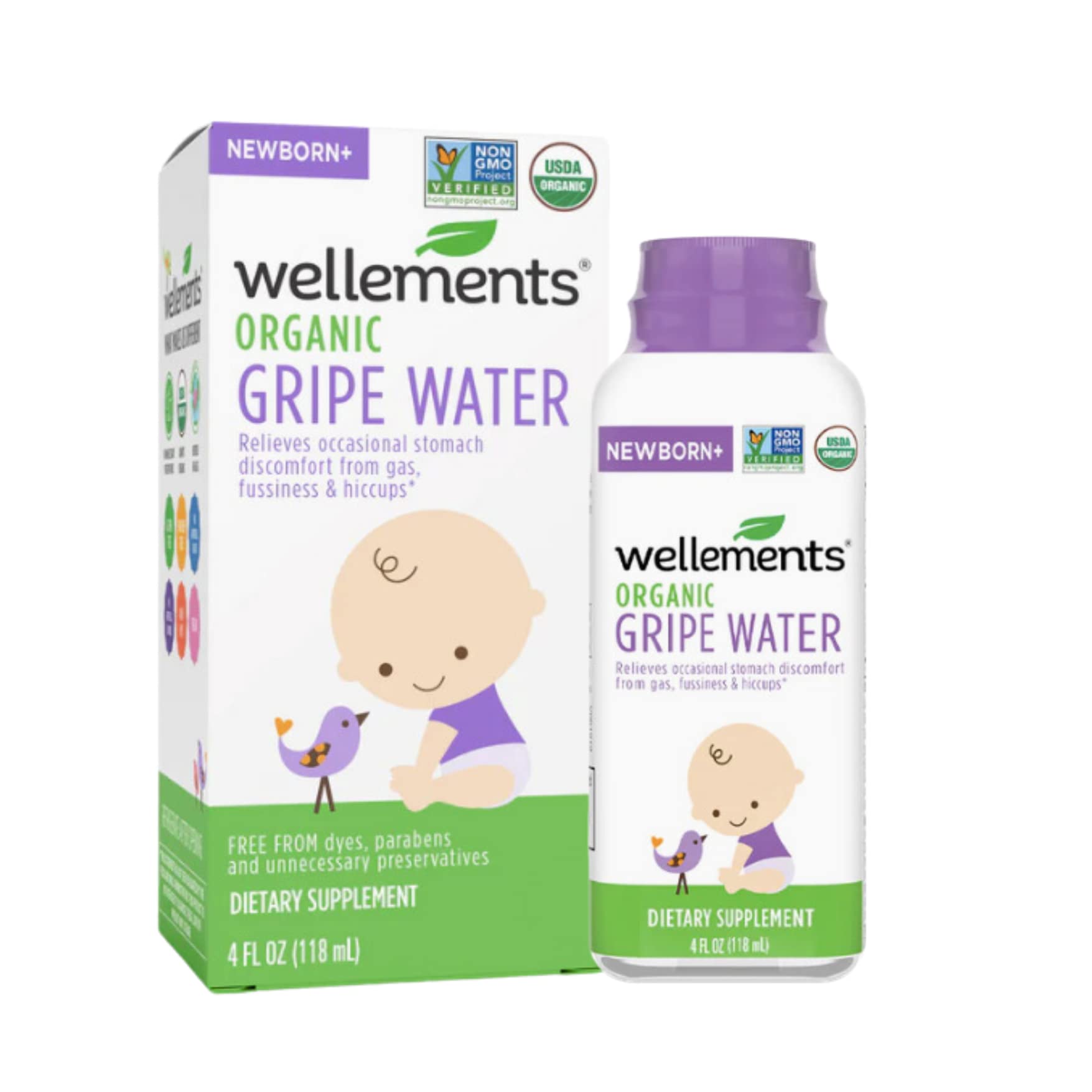 Wellements Organic Gripe Water | Relieves Occasional Stomach Discomfort from Baby Gas, Colic, Hiccups and Fussiness | Certified Organic and Non-GMO | No Artificial Flavors | 4 Fl Oz. | Ages Newborn+