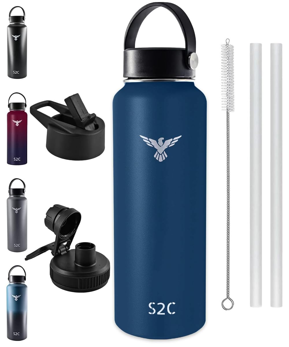 S2C 1200ML Insulated Water Bottle with 3 Lids, Double Wall,Leak Proof, Stainless Steel Water Bottle With Straw Water Bottle For Gym, Water Bottle Thermos Flask for Hot Water Bottle (BLUE)